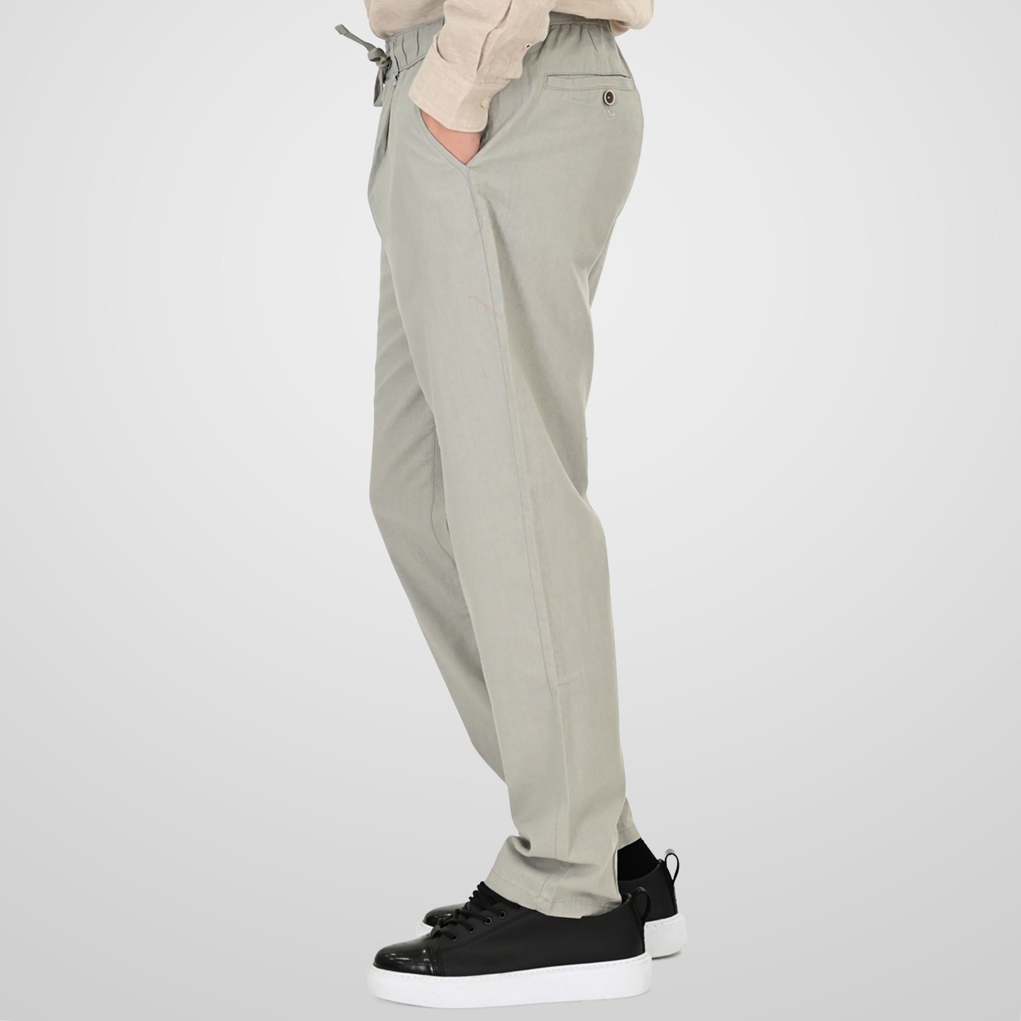 261CP-4104 CHINOS LINEN BLEND PANTS WITH ELASTICATED WAISTBAND SMOKE GREEN - Image 3