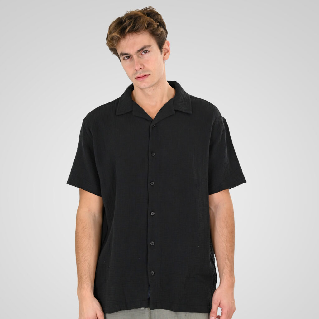 261GS-5184 WRINKLED SHIRTS WITH CHEST POCKET, CAMP COLLAR AND SHORT SLEEVES (SPECIAL FABRIC) (RELAXED FIT) BLACK