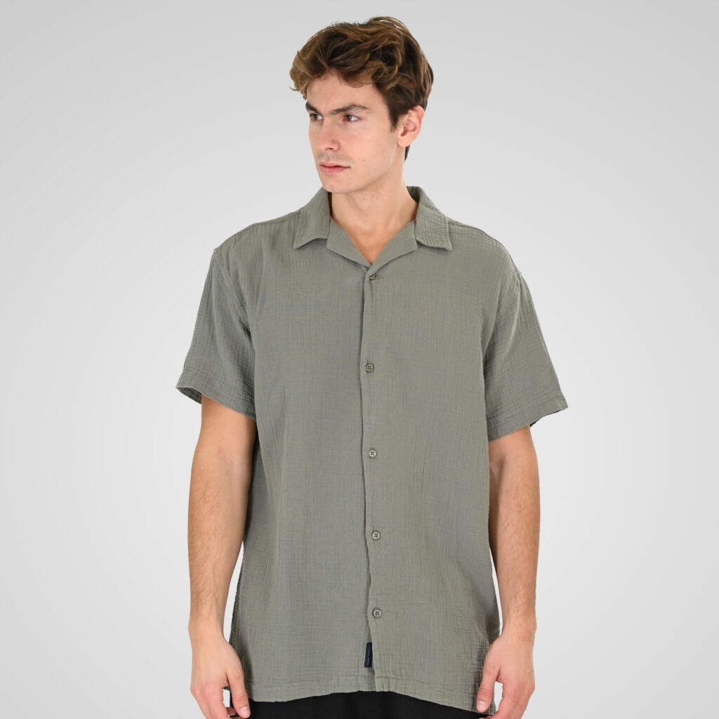 261GS-5184 WRINKLED SHIRTS WITH CHEST POCKET, CAMP COLLAR AND SHORT SLEEVES (SPECIAL FABRIC) (RELAXED FIT) LT KHAKI