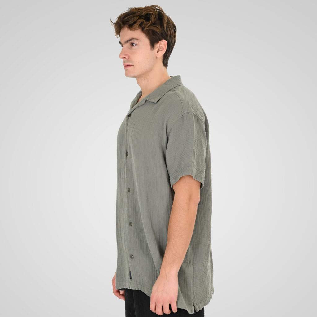 261GS-5184 WRINKLED SHIRTS WITH CHEST POCKET, CAMP COLLAR AND SHORT SLEEVES (SPECIAL FABRIC) (RELAXED FIT) LT KHAKI
