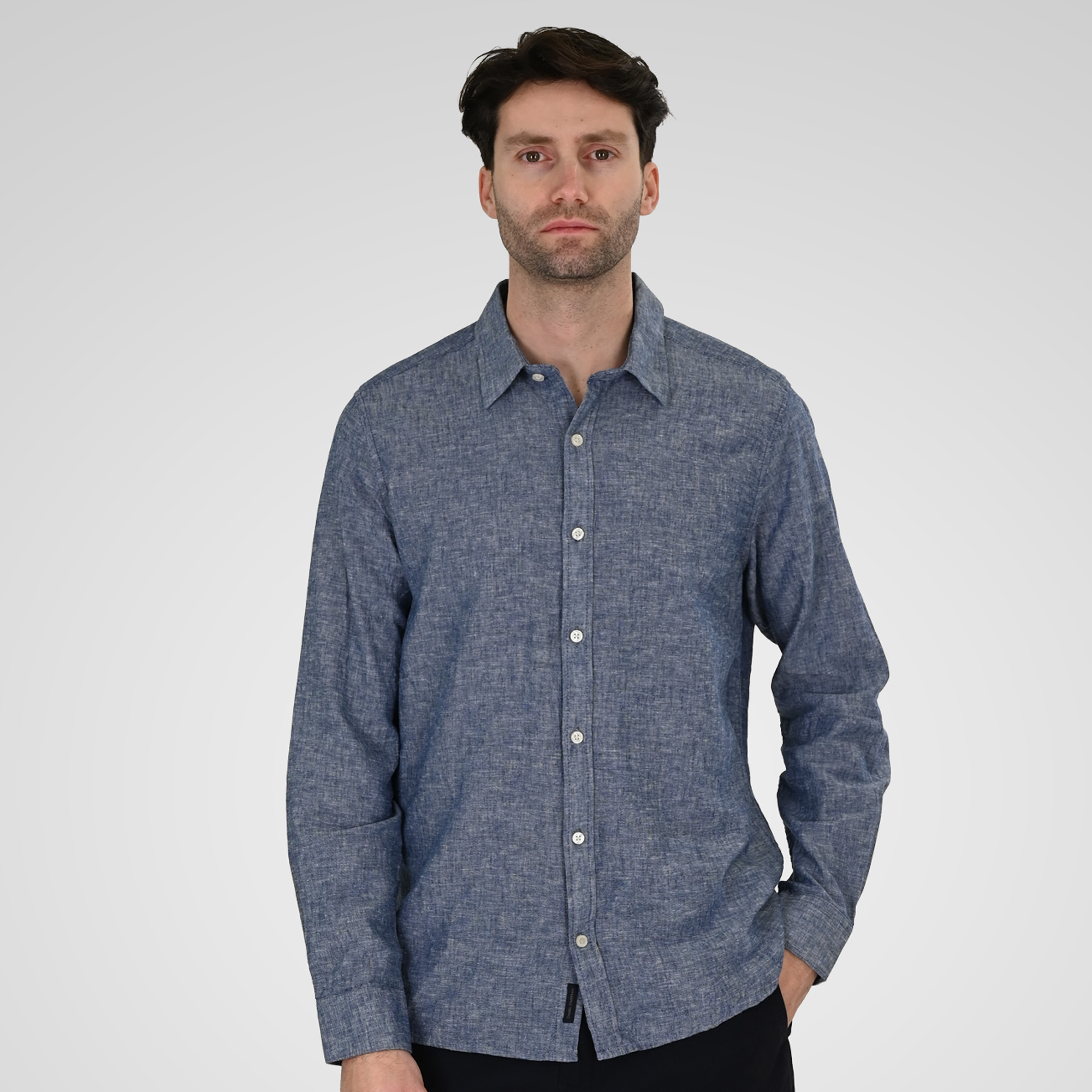 261GS-5190 SHIRT LINEN WITH LONG SLEEVES BLUE MELANGE - Image 1