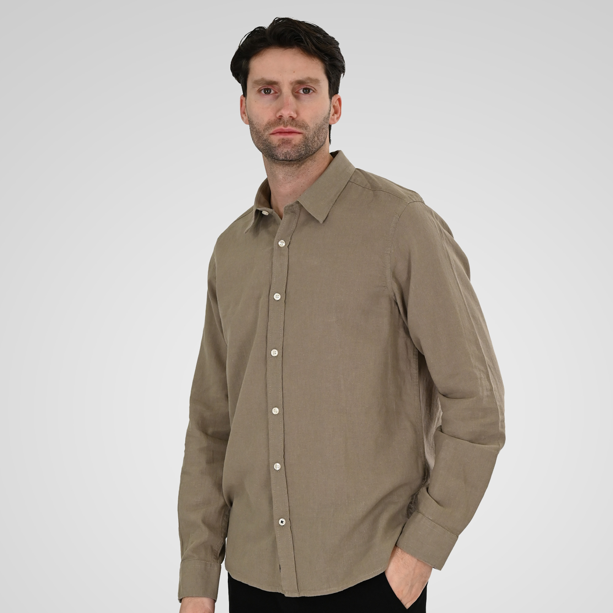 261GS-5190 SHIRT LINEN WITH LONG SLEEVES TAUPE - Image 1