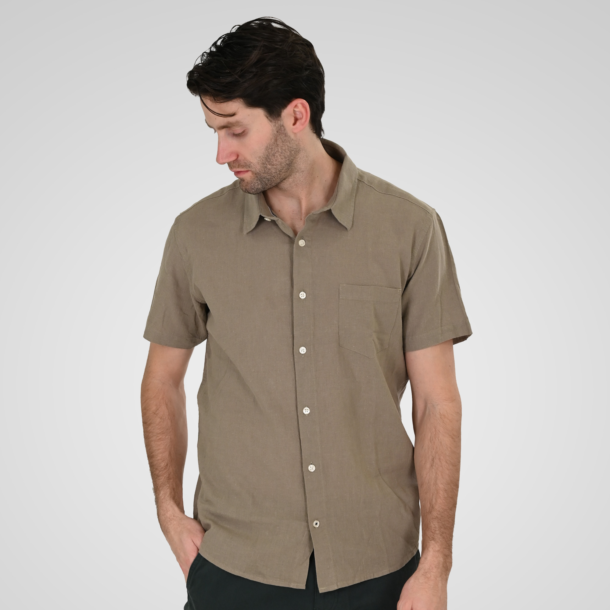 261GS-5192 SHIRT LINEN WITH CHEST POCKET AND SHORT SLEEVES TAUPE - Image 1