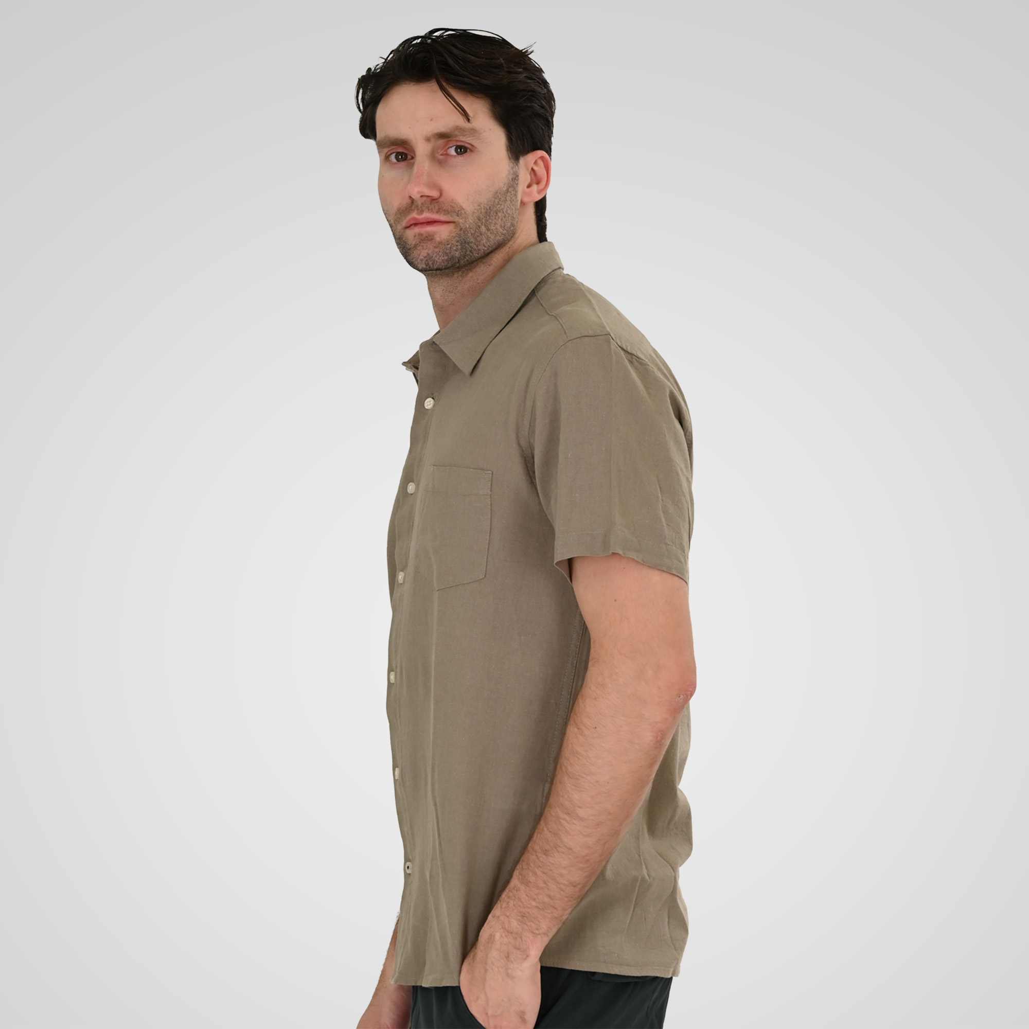 261GS-5192 SHIRT LINEN WITH CHEST POCKET AND SHORT SLEEVES TAUPE - Image 3