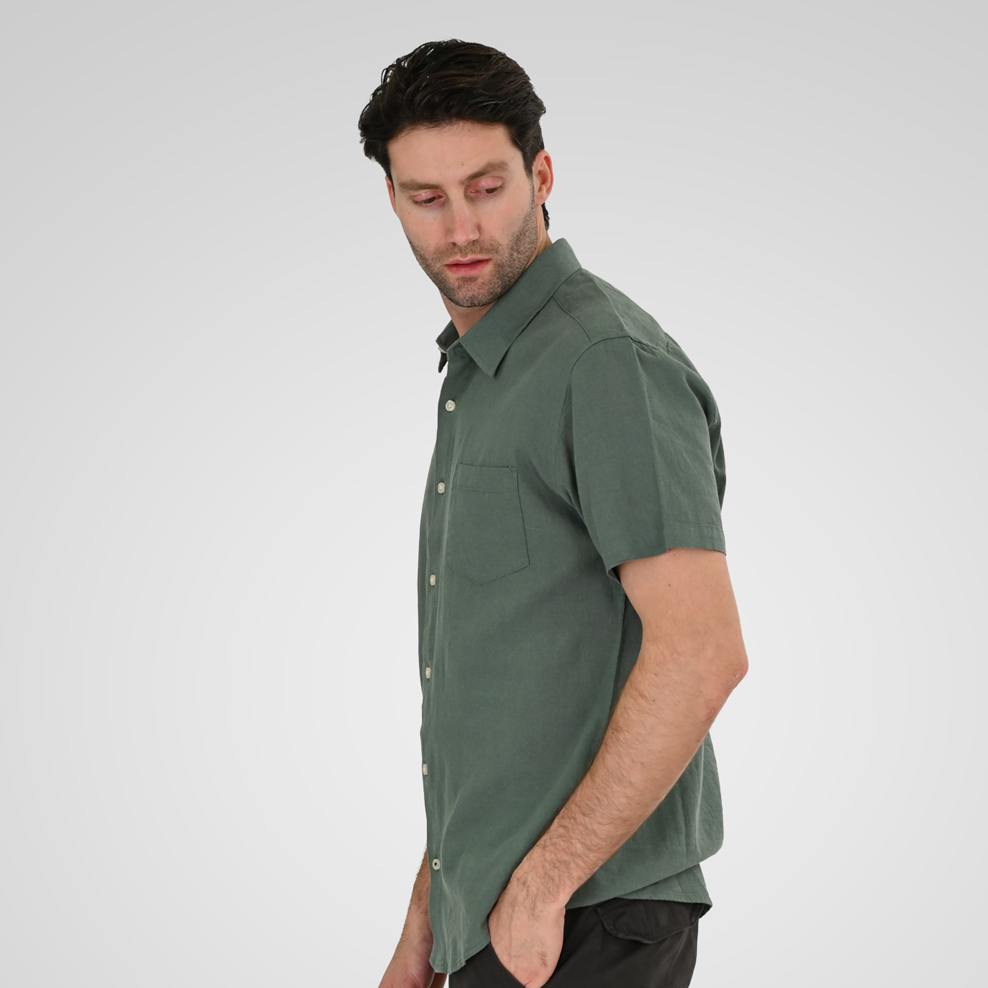 261GS-5192 SHIRT LINEN WITH CHEST POCKET AND SHORT SLEEVES PALM GREEN - Image 3