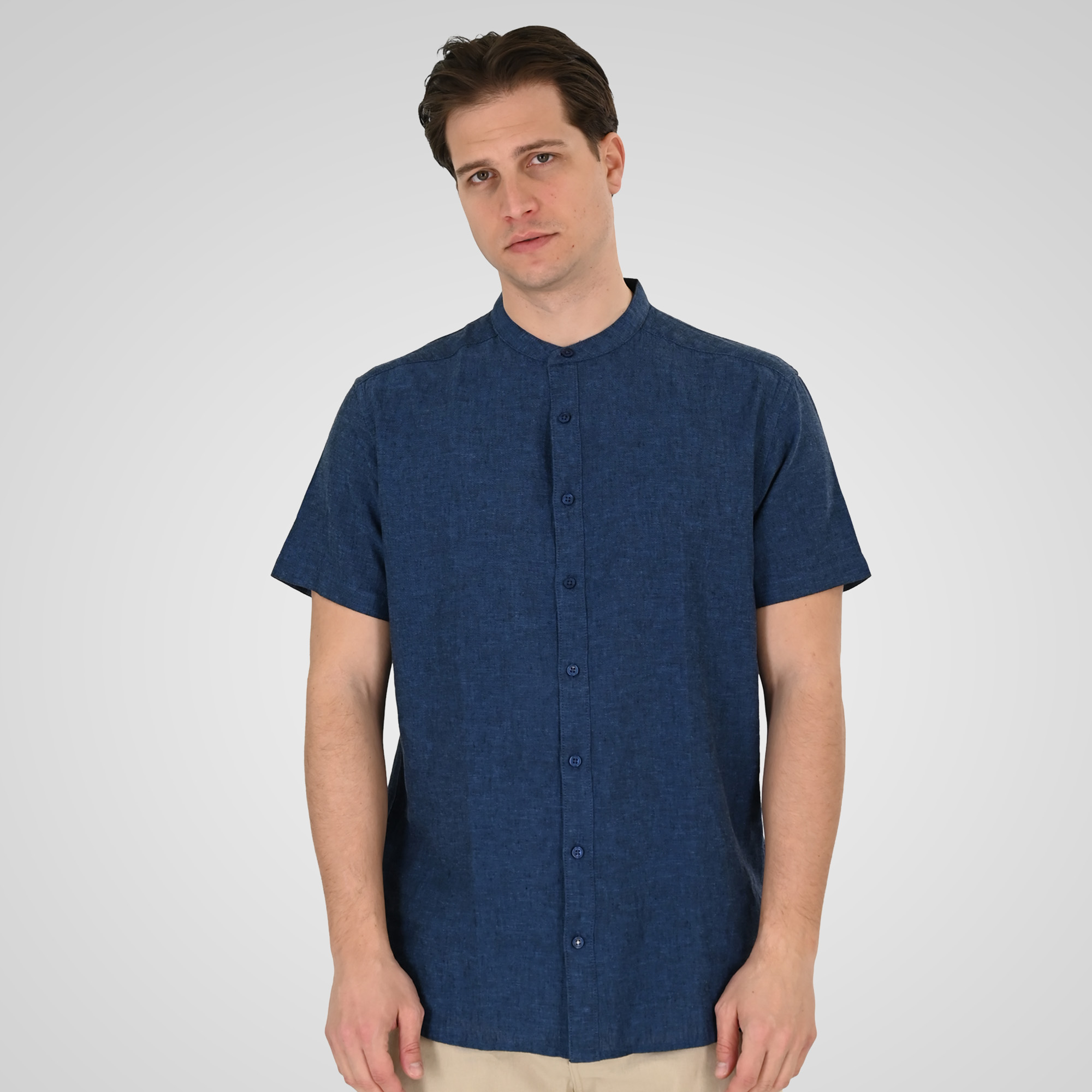 261GS-5194 SHIRT LINEN WITH MAO COLLAR AND SHORT SLEEVES INDIGO BLUE MELANGE - Image 1