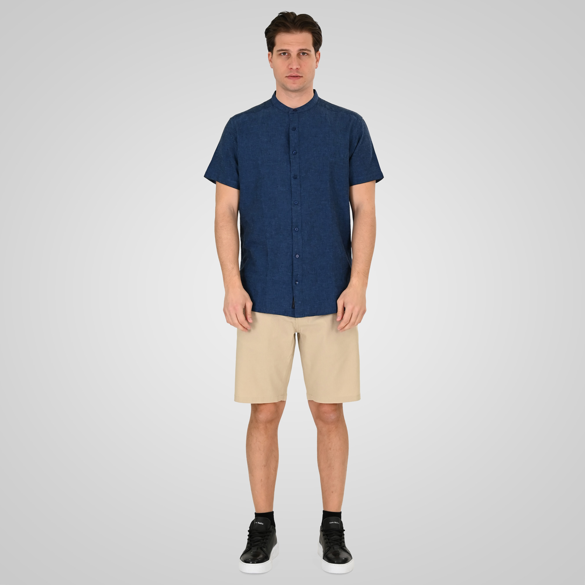 261GS-5194 SHIRT LINEN WITH MAO COLLAR AND SHORT SLEEVES INDIGO BLUE MELANGE - Image 2