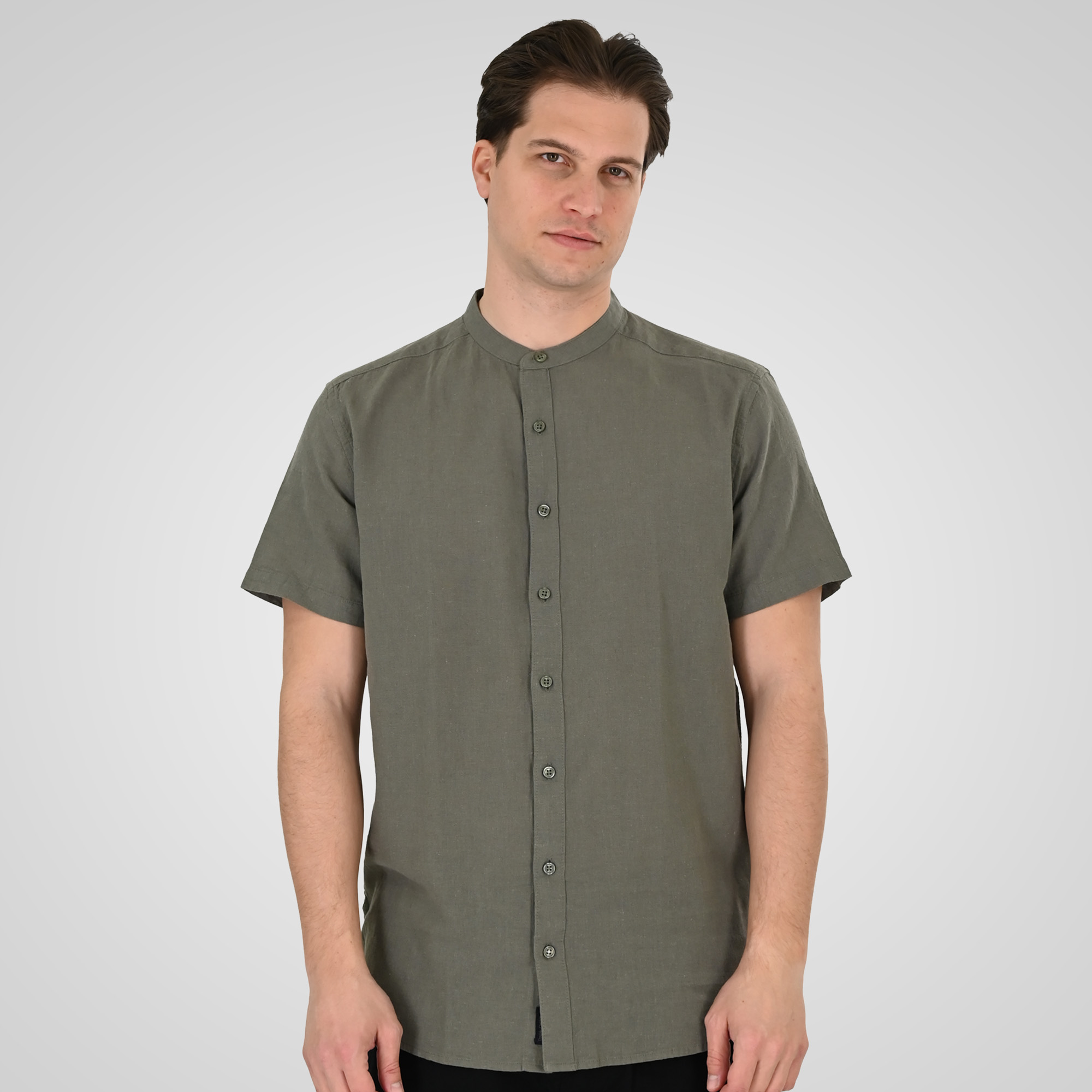 261GS-5194 SHIRT LINEN WITH MAO COLLAR AND SHORT SLEEVES OLIVE - Image 1