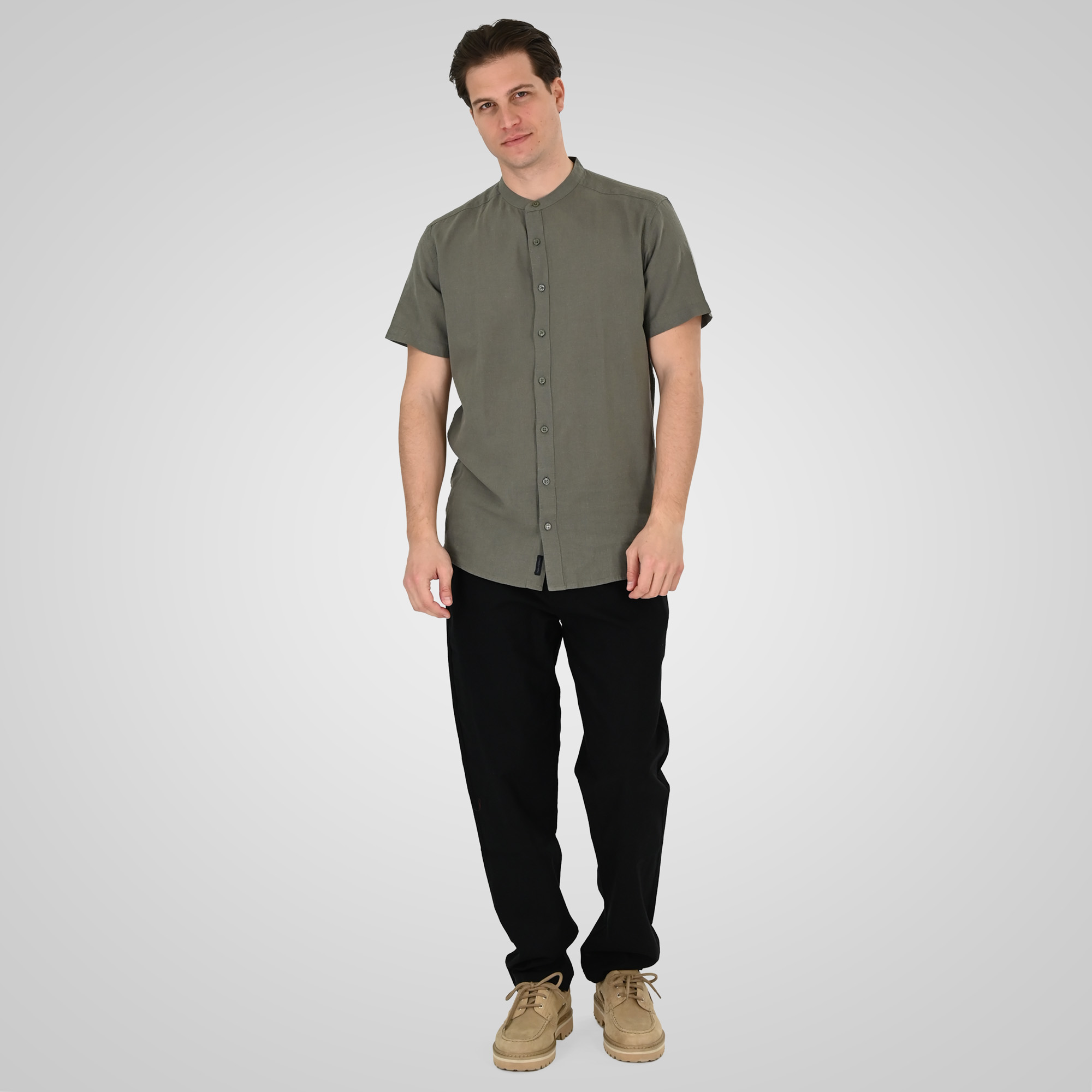 261GS-5194 SHIRT LINEN WITH MAO COLLAR AND SHORT SLEEVES OLIVE - Image 2