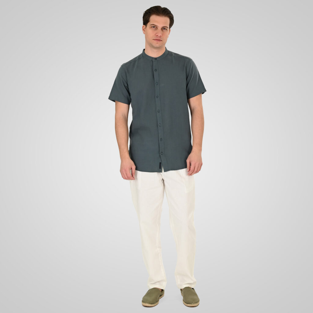 261GS-5194 SHIRT LINEN WITH MAO COLLAR AND SHORT SLEEVES STONE BLUE