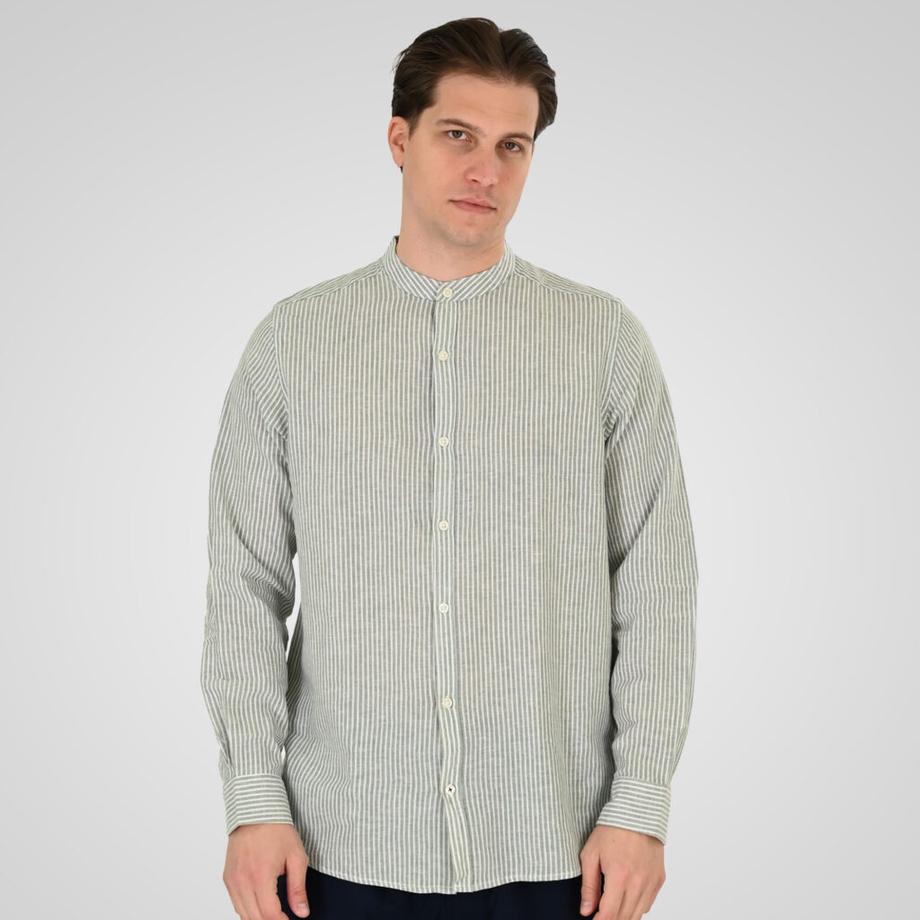 261GS-5195 SHIRT LINEN STRIPED WITH MAO COLLAR AND LONG SLEEVES CC4 MINT WHITE