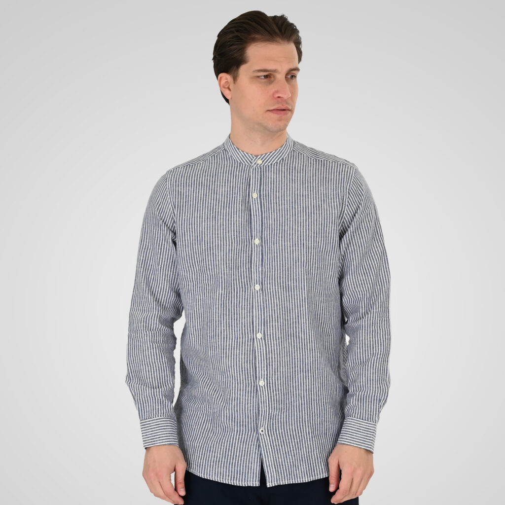 261GS-5195 SHIRT LINEN STRIPED WITH MAO COLLAR AND LONG SLEEVES CC5 BLUE WHITE