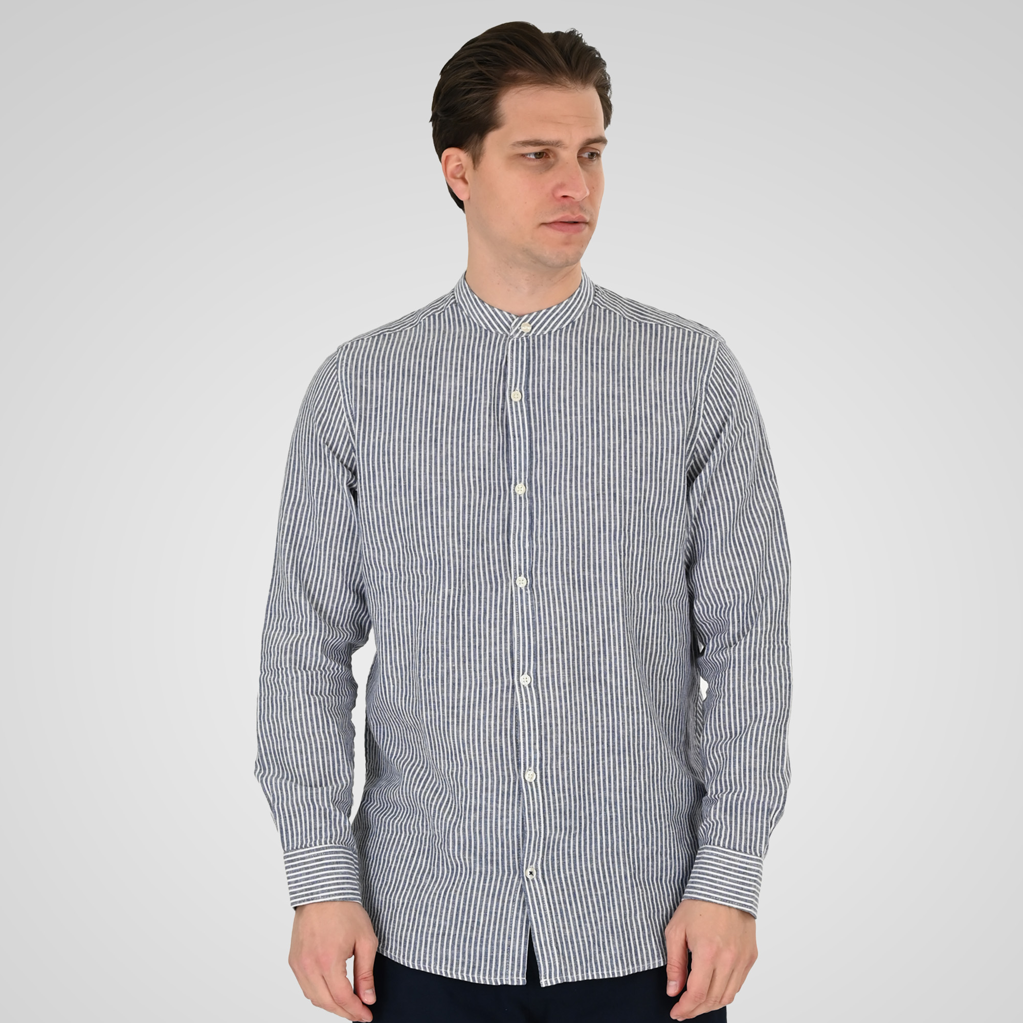 261GS-5195 SHIRT LINEN STRIPED WITH MAO COLLAR AND LONG SLEEVES CC5 BLUE WHITE - Image 1