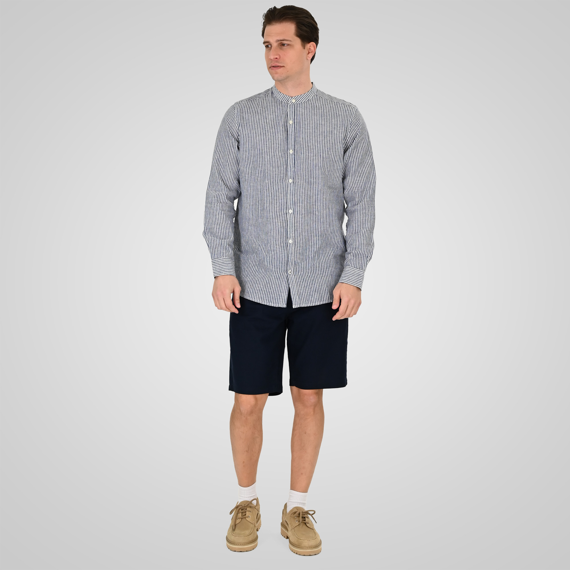 261GS-5195 SHIRT LINEN STRIPED WITH MAO COLLAR AND LONG SLEEVES CC5 BLUE WHITE - Image 2