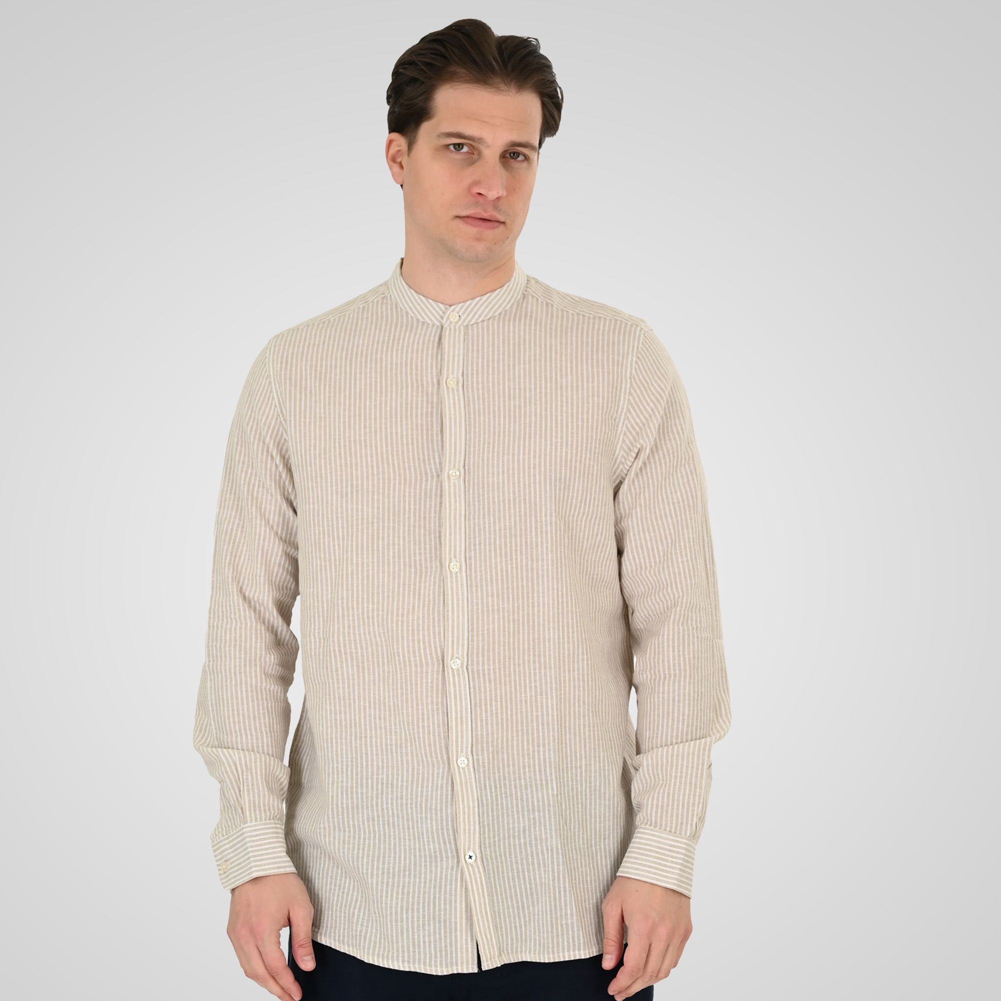 261GS-5195 SHIRT LINEN STRIPED WITH MAO COLLAR AND LONG SLEEVES CC90 BEIGE WHITE - Image 1