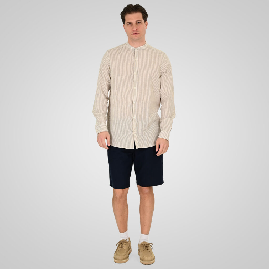 261GS-5195 SHIRT LINEN STRIPED WITH MAO COLLAR AND LONG SLEEVES CC90 BEIGE WHITE
