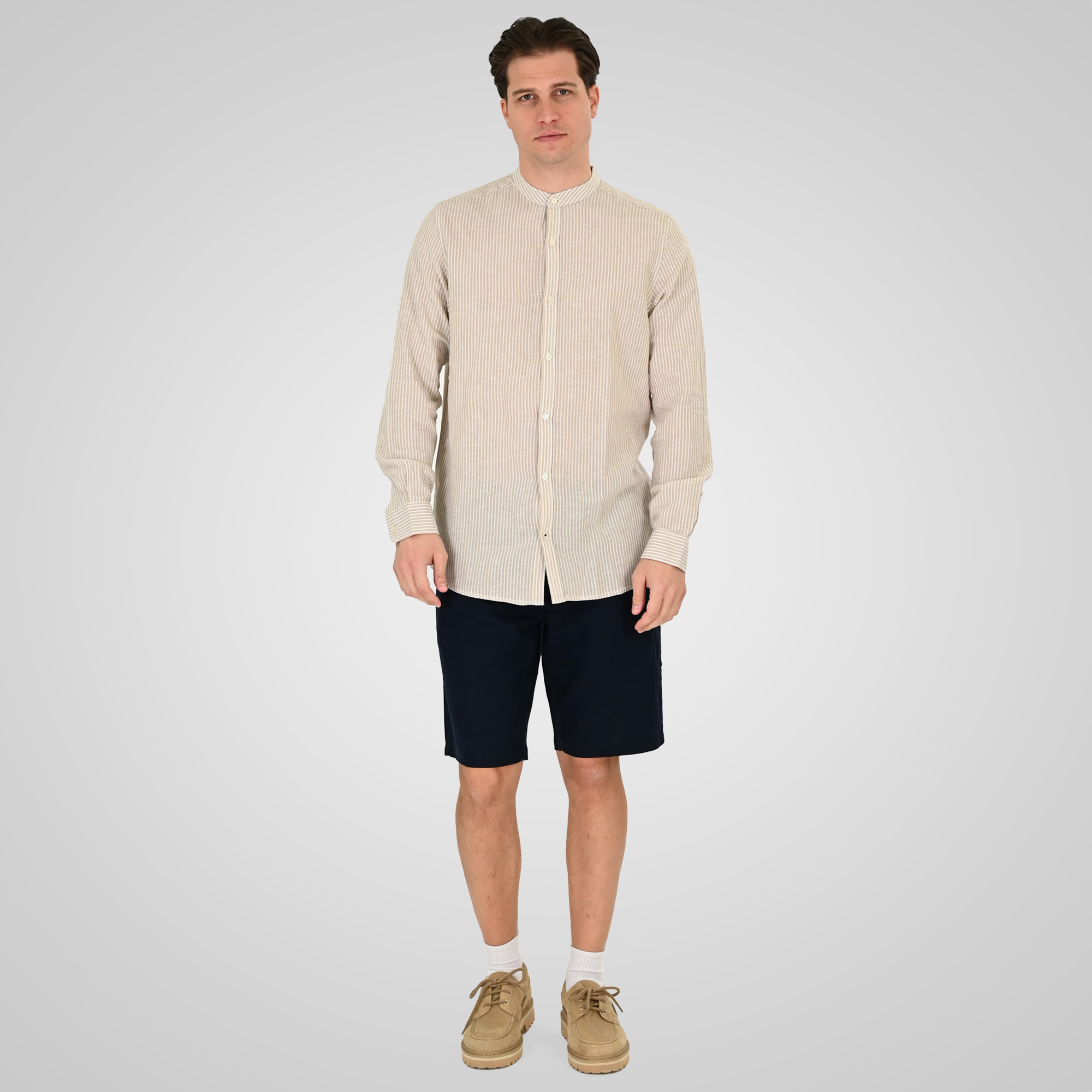 261GS-5195 SHIRT LINEN STRIPED WITH MAO COLLAR AND LONG SLEEVES CC90 BEIGE WHITE - Image 2