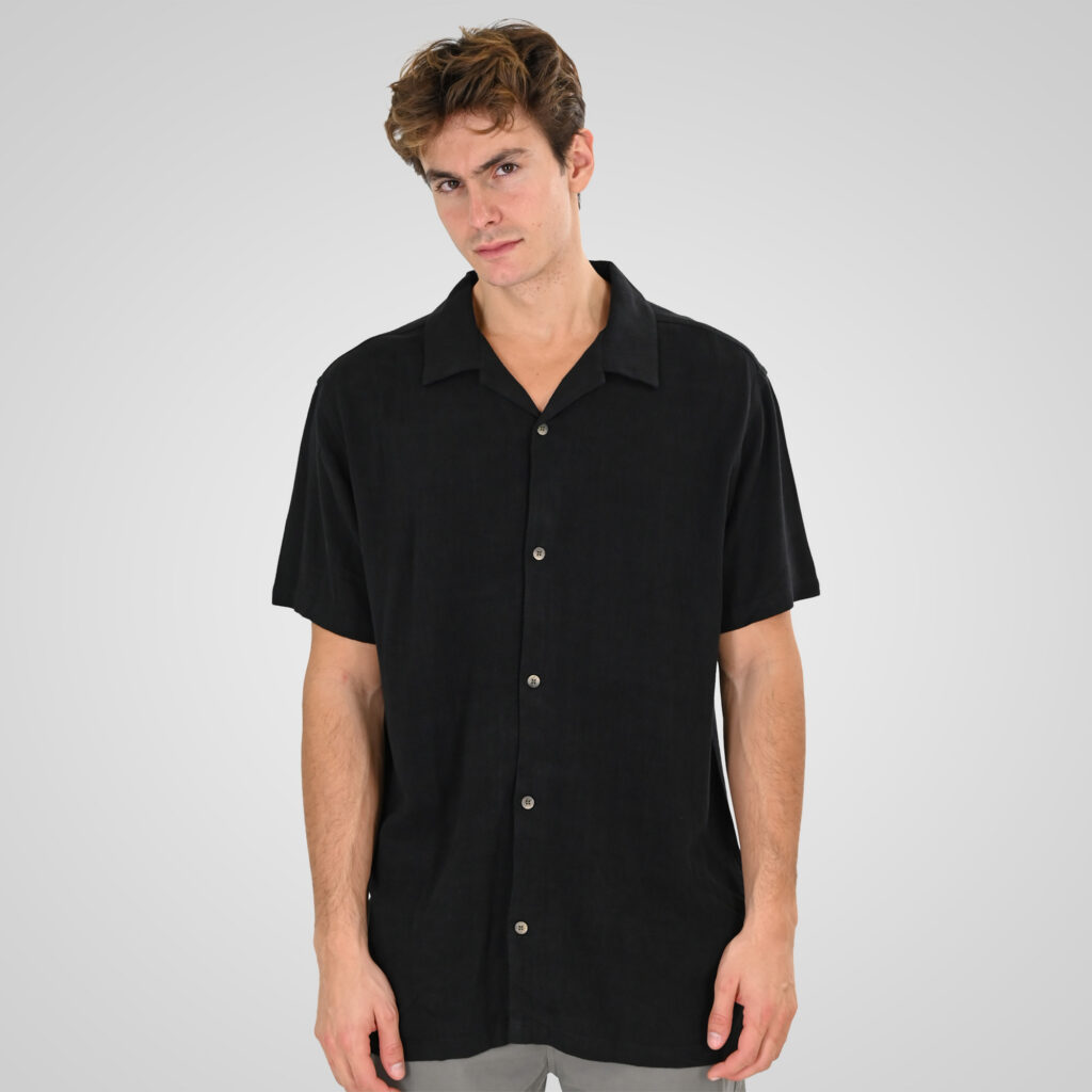 261GS-5198 SHIRT LINEN WITH CAMP COLLAR, CHEST POCKET AND SHORT SLEEVES (RELAXED FIT) BLACK