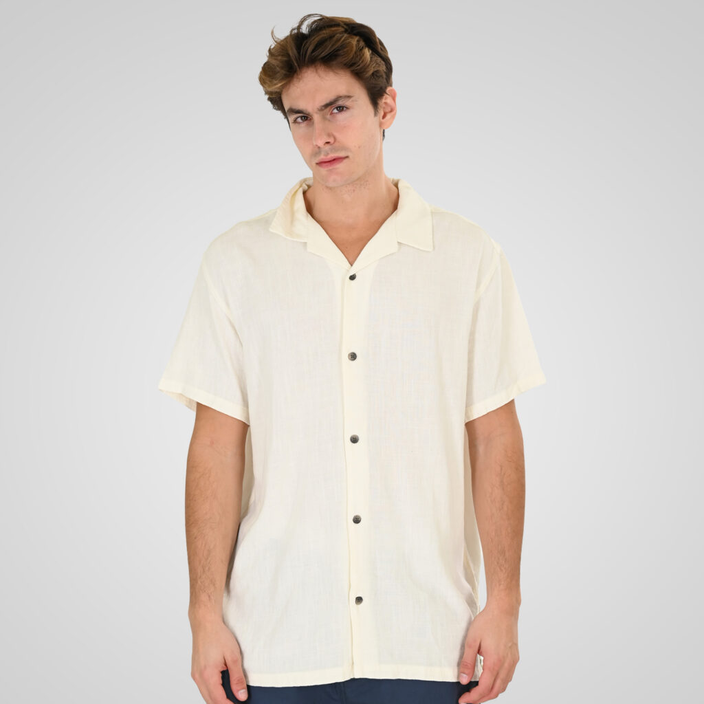 261GS-5198 SHIRT LINEN WITH CAMP COLLAR, CHEST POCKET AND SHORT SLEEVES (RELAXED FIT) COTTON WHITE