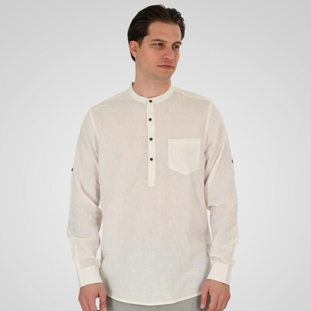 261GS-5200 SHIRT LINEN WITH MAO COLLAR, HALF BUTTON PLACKET, CHEST POCKET AND LONG SLEEVES LINEN WHITE