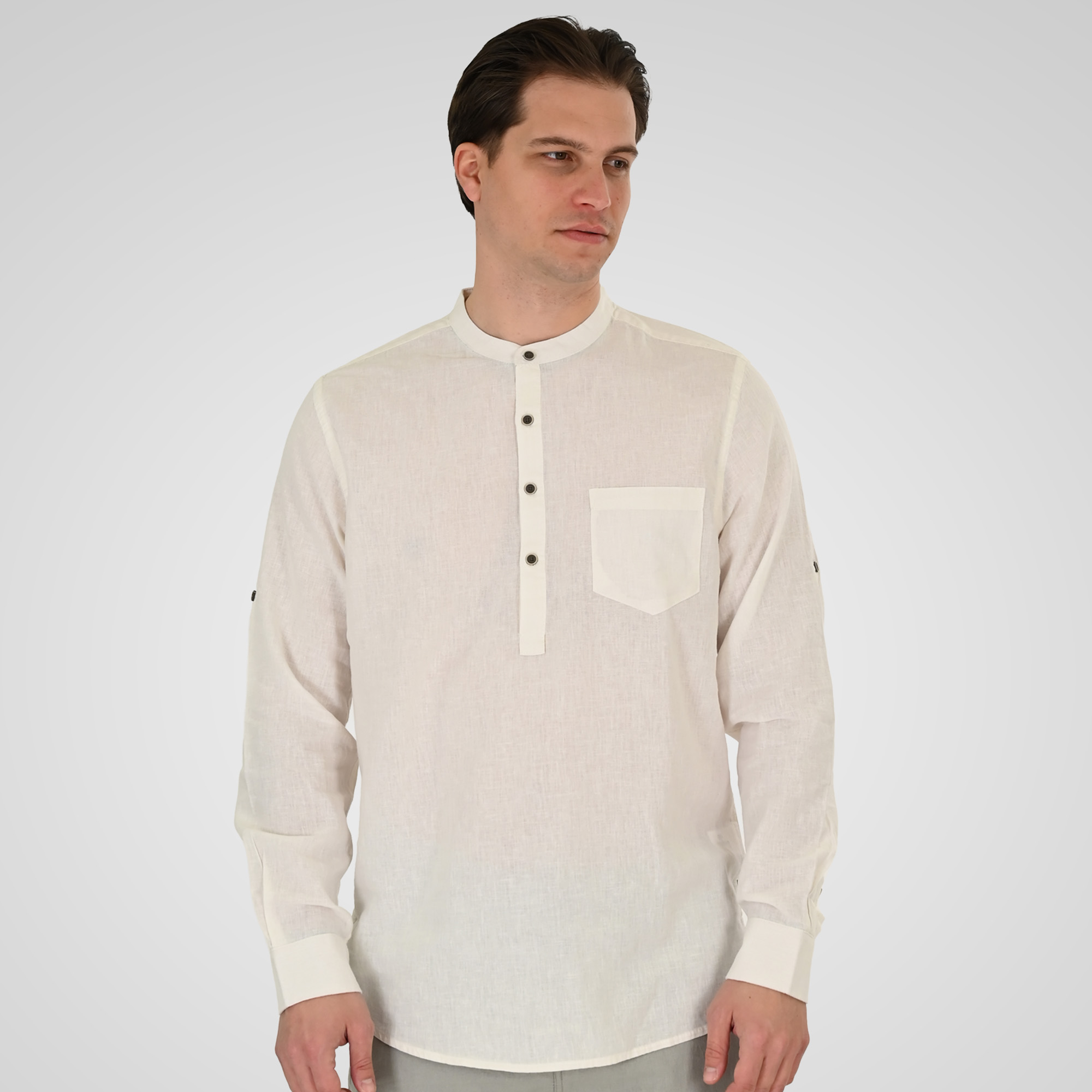261GS-5200 SHIRT LINEN WITH MAO COLLAR, HALF BUTTON PLACKET, CHEST POCKET AND LONG SLEEVES LINEN WHITE - Image 1