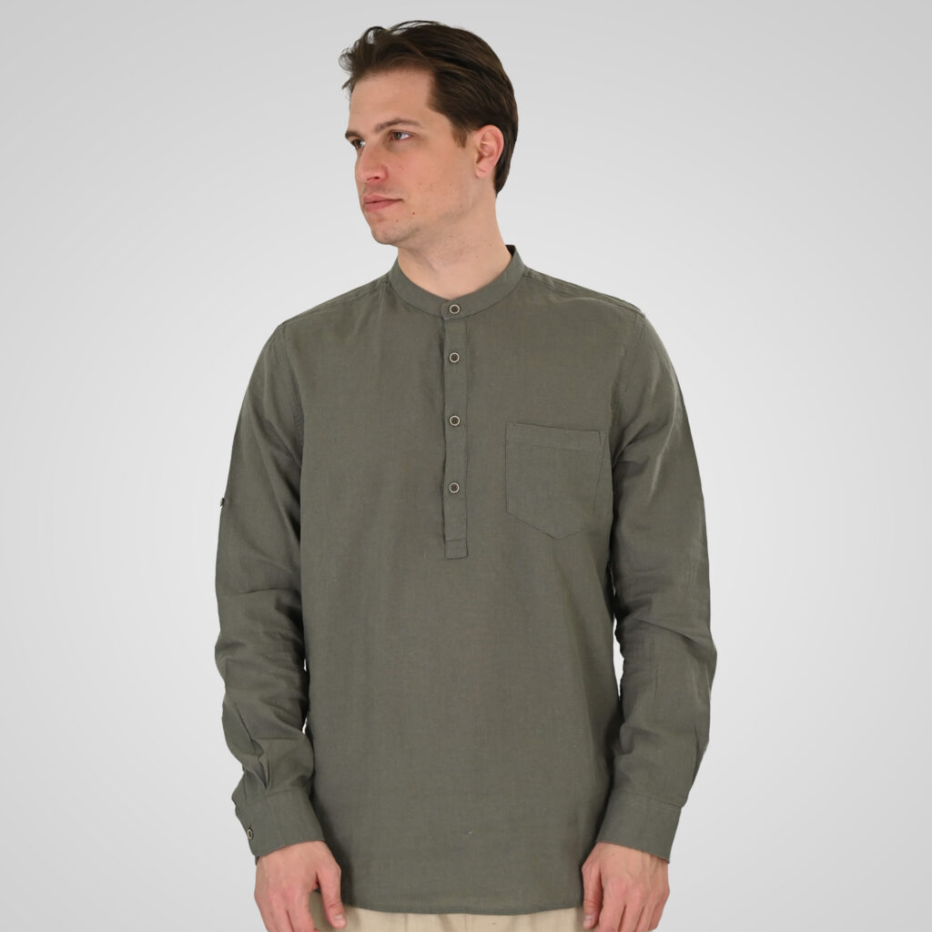 261GS-5200 SHIRT LINEN WITH MAO COLLAR, HALF BUTTON PLACKET, CHEST POCKET AND LONG SLEEVES OLIVE