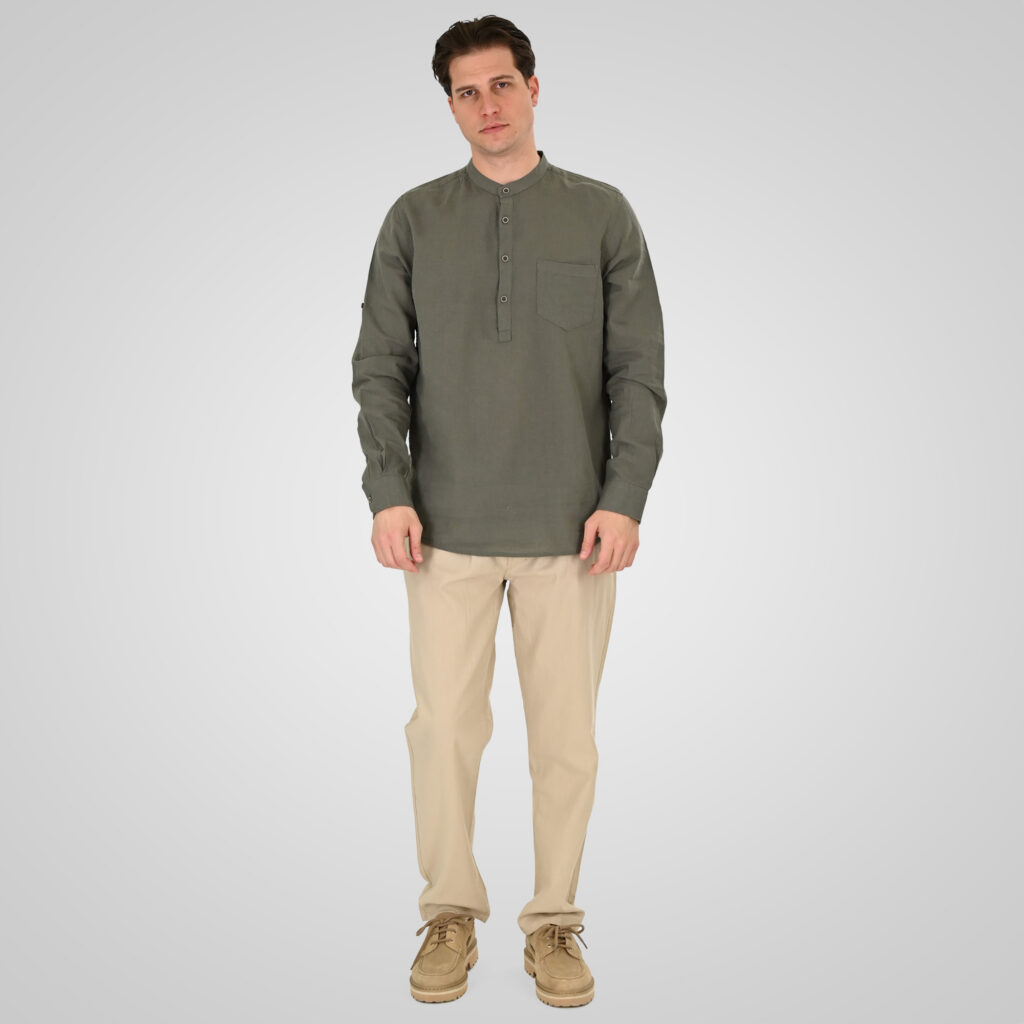 261GS-5200 SHIRT LINEN WITH MAO COLLAR, HALF BUTTON PLACKET, CHEST POCKET AND LONG SLEEVES OLIVE