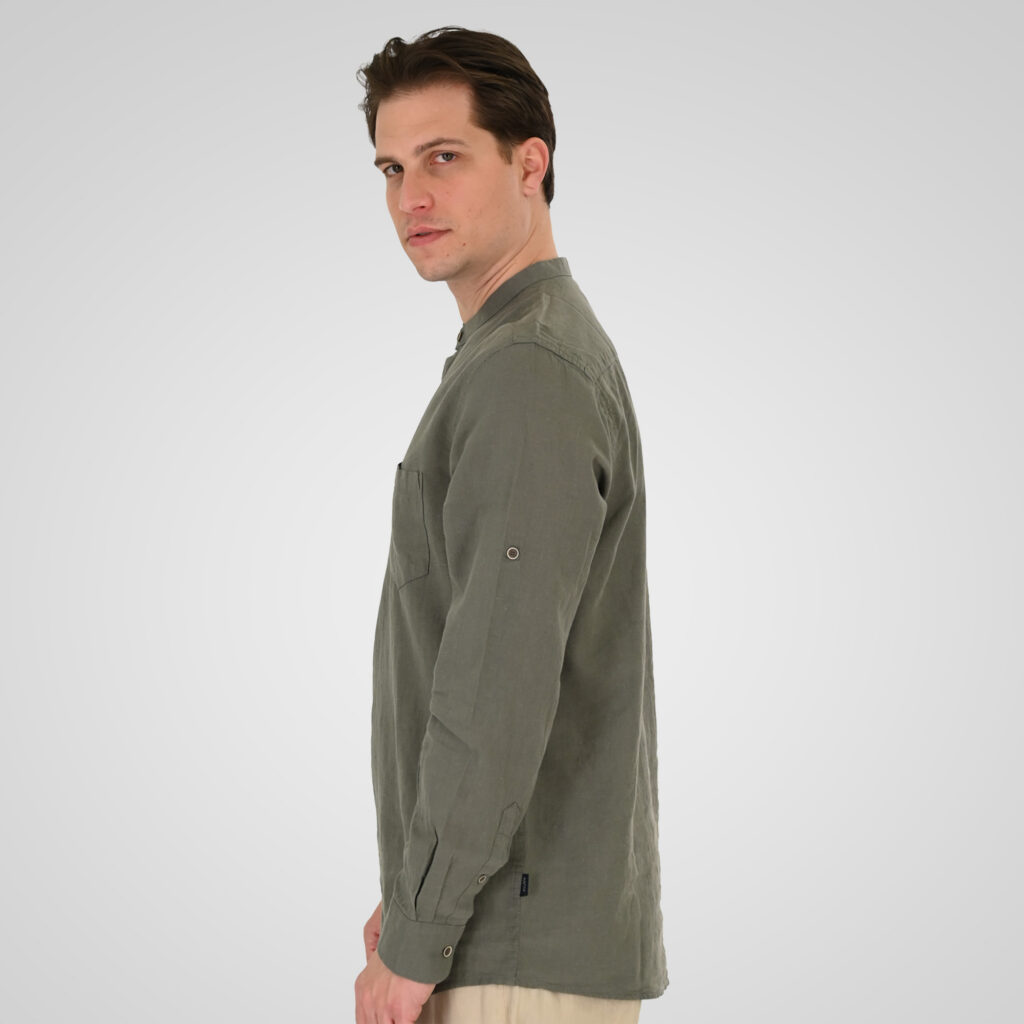 261GS-5200 SHIRT LINEN WITH MAO COLLAR, HALF BUTTON PLACKET, CHEST POCKET AND LONG SLEEVES OLIVE