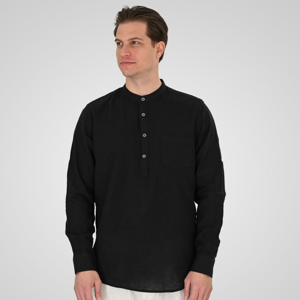 261GS-5200 SHIRT LINEN WITH MAO COLLAR, HALF BUTTON PLACKET, CHEST POCKET AND LONG SLEEVES BLACK