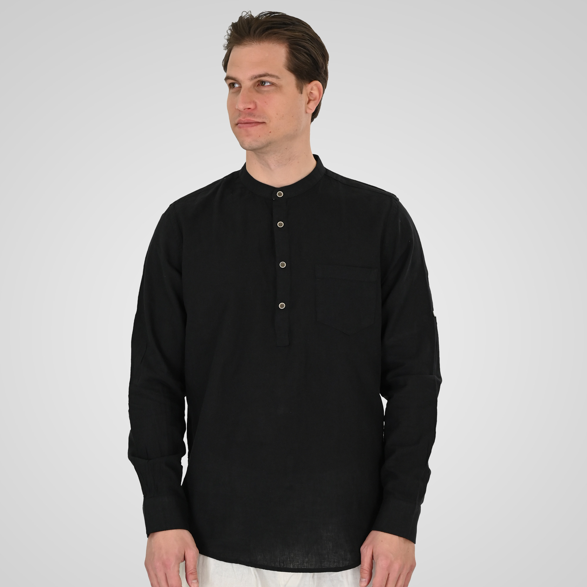 261GS-5200 SHIRT LINEN WITH MAO COLLAR, HALF BUTTON PLACKET, CHEST POCKET AND LONG SLEEVES BLACK - Image 1
