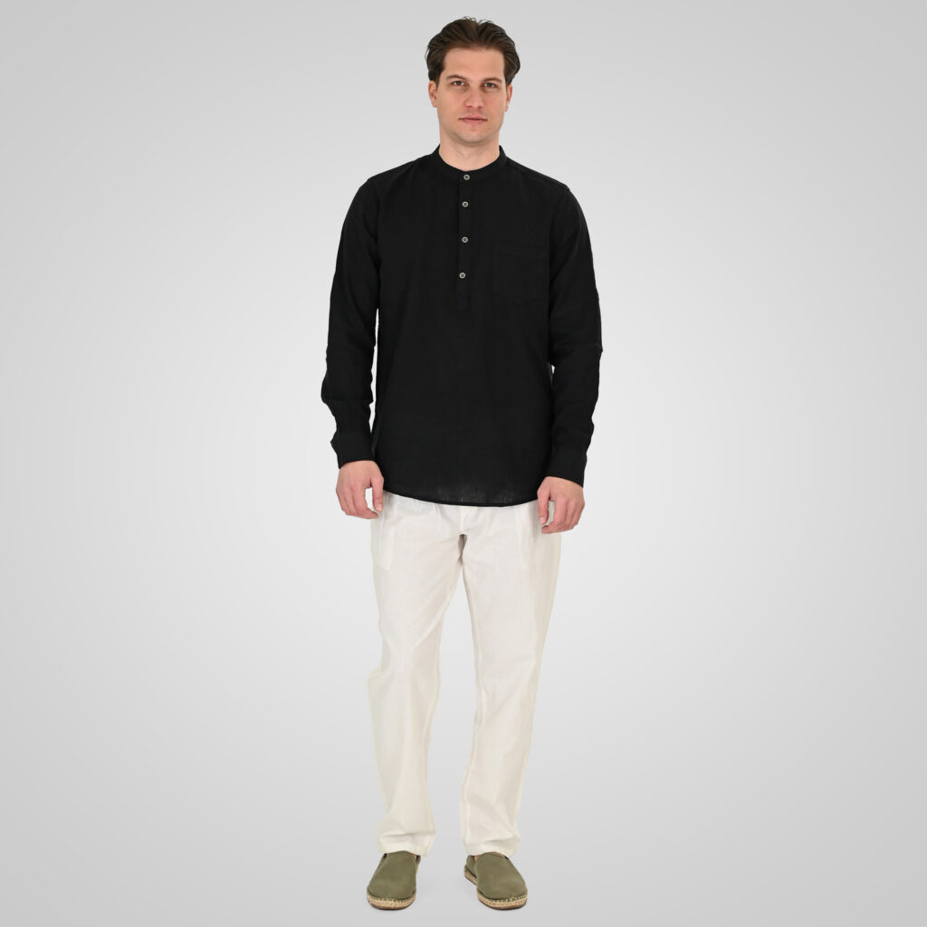 261GS-5200 SHIRT LINEN WITH MAO COLLAR, HALF BUTTON PLACKET, CHEST POCKET AND LONG SLEEVES BLACK