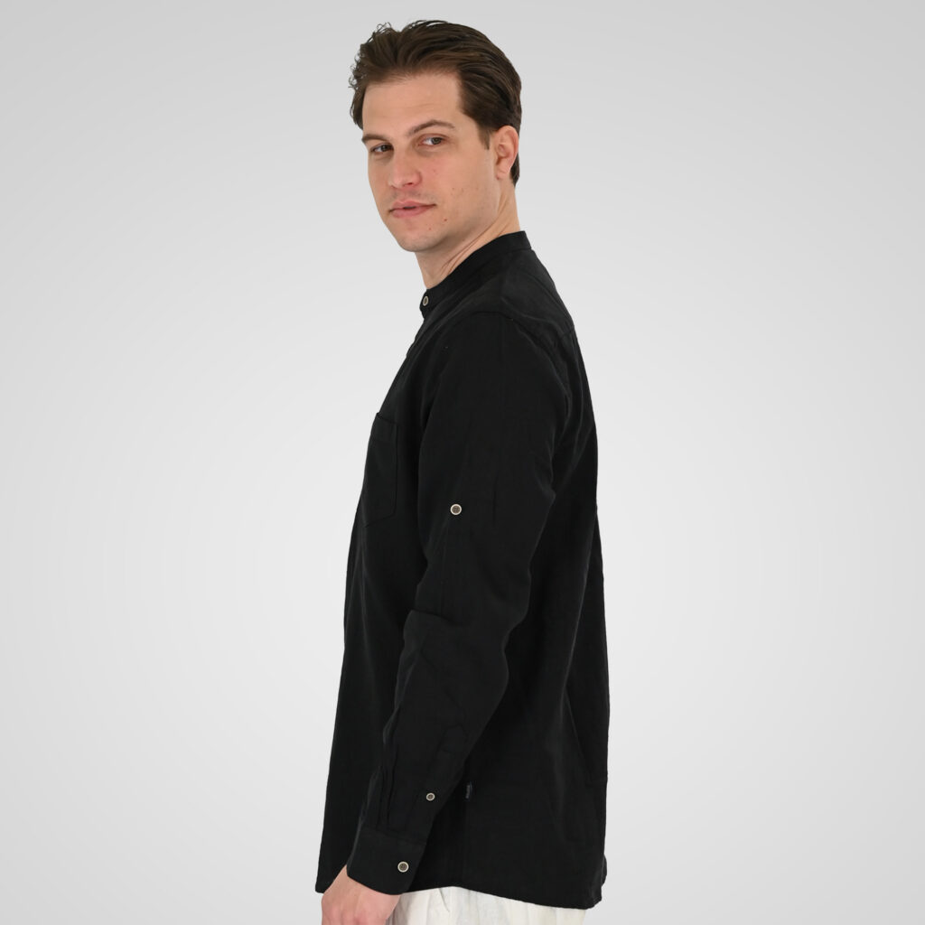261GS-5200 SHIRT LINEN WITH MAO COLLAR, HALF BUTTON PLACKET, CHEST POCKET AND LONG SLEEVES BLACK