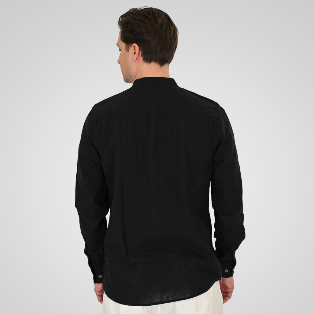 261GS-5200 SHIRT LINEN WITH MAO COLLAR, HALF BUTTON PLACKET, CHEST POCKET AND LONG SLEEVES BLACK