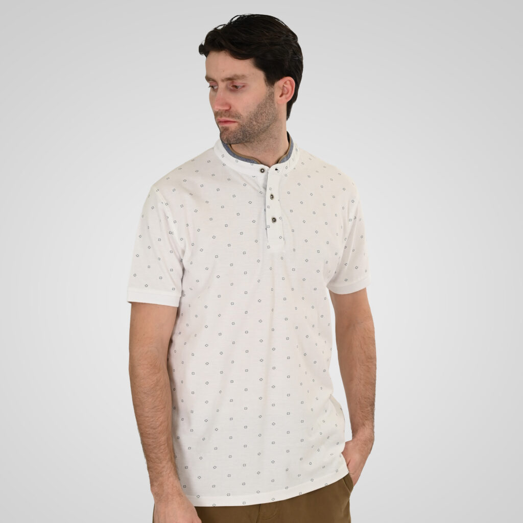 261PS-3082 POLO PIQUE ALL-OVER PRINT WITH MAO COLLAR WHITE