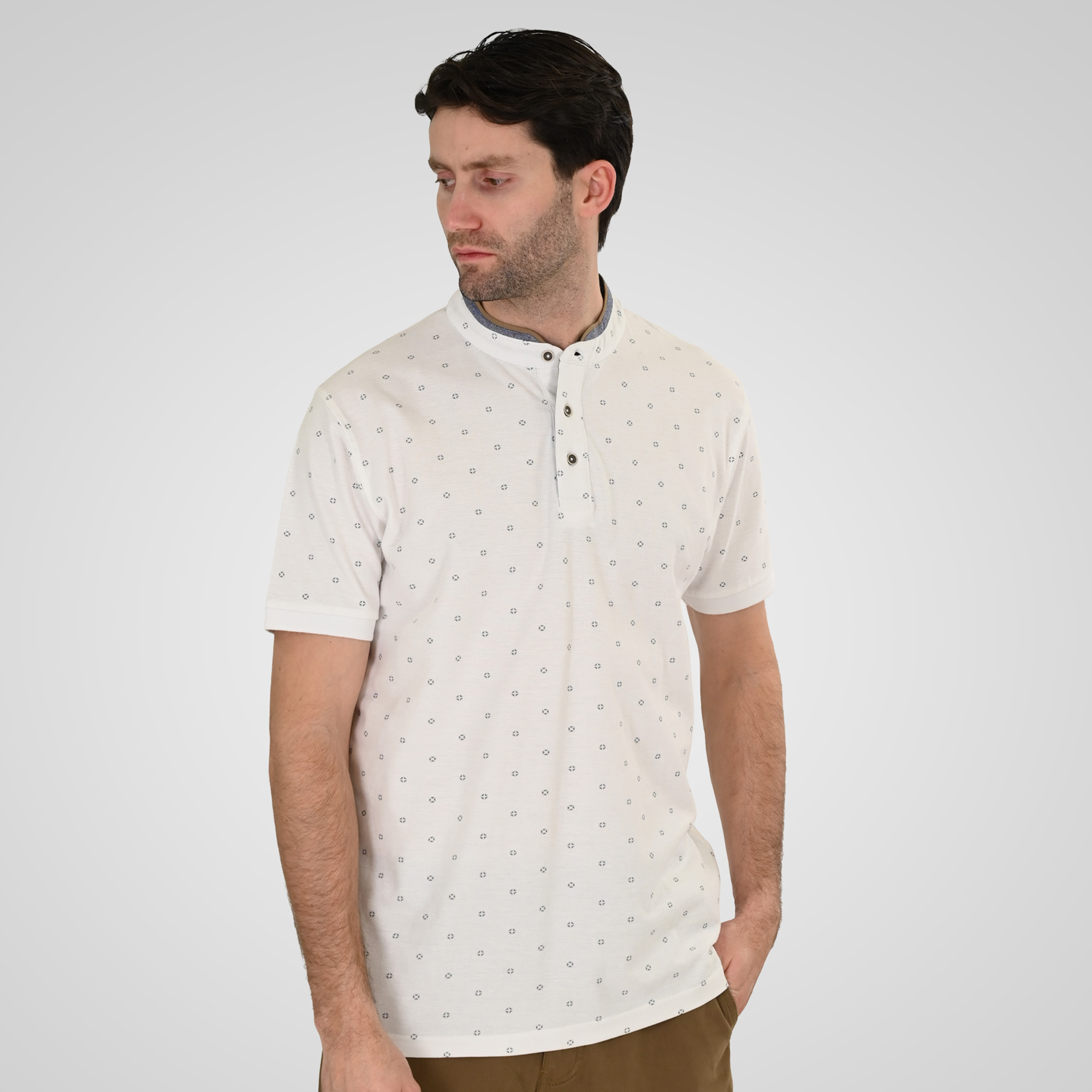 261PS-3082 POLO PIQUE ALL-OVER PRINT WITH MAO COLLAR WHITE - Image 1