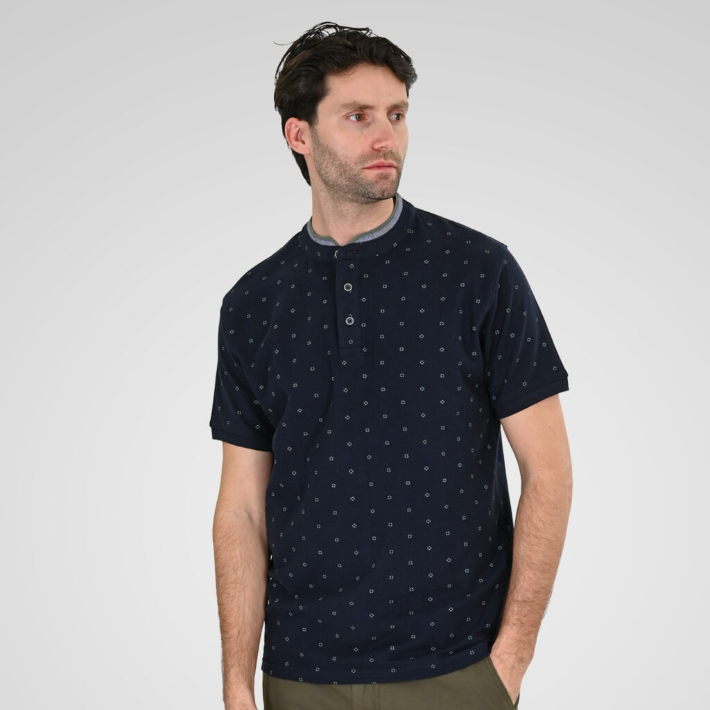 261PS-3082 POLO PIQUE ALL-OVER PRINT WITH MAO COLLAR NAVY