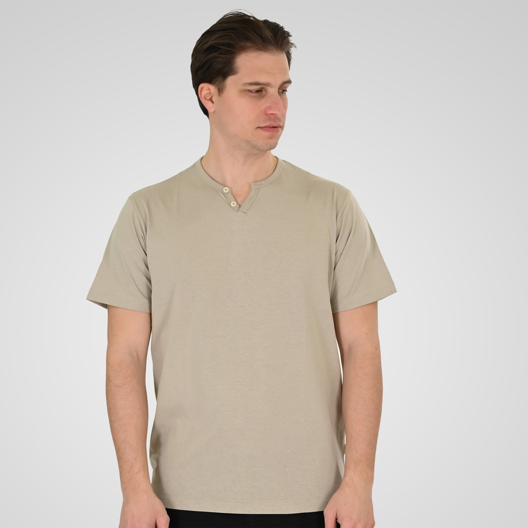 261TS-9139 T-SHIRT HENLEY V-NECK WITH BUTTONS STONE BEIGE - Image 1