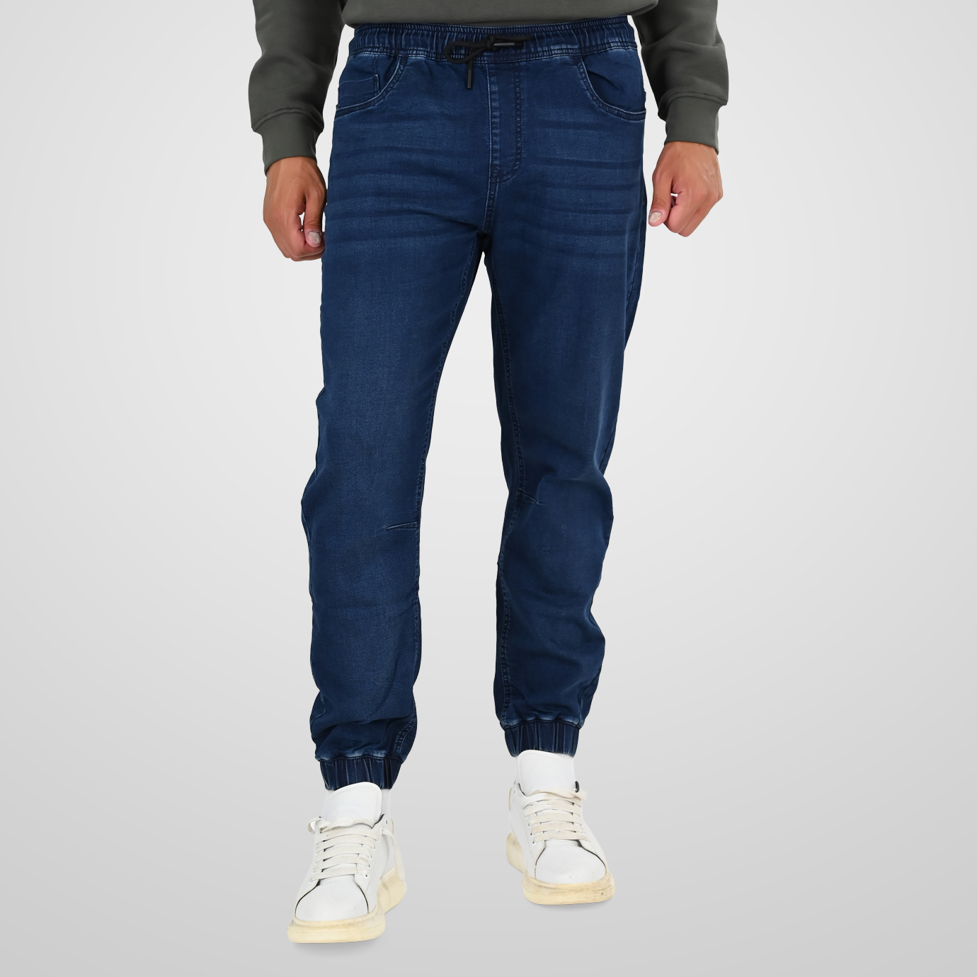 262FP-4133 PANTS WITH ELASTICATED WAIST AND HEM (SPECIAL KNITTED DENIM-LOOK FABRIC) DK BLUE - Image 1
