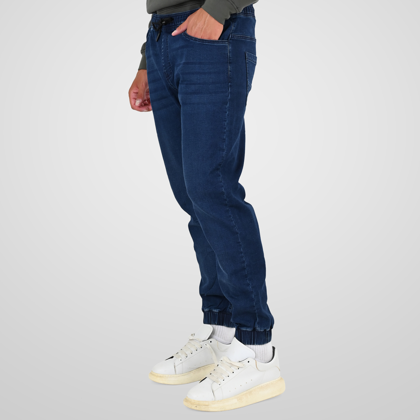 262FP-4133 PANTS WITH ELASTICATED WAIST AND HEM (SPECIAL KNITTED DENIM-LOOK FABRIC) DK BLUE - Image 3