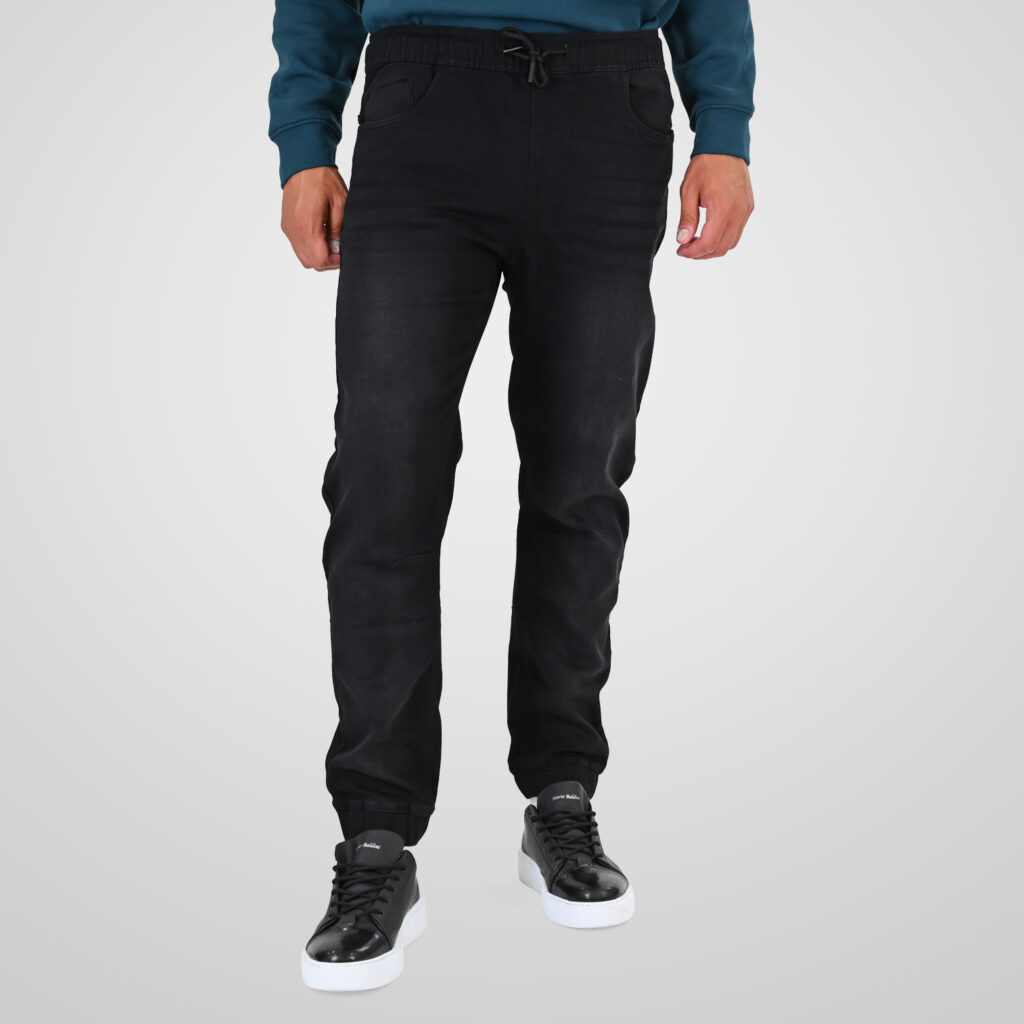 262FP-4133 PANTS WITH ELASTICATED WAIST AND HEM (SPECIAL KNITTED DENIM-LOOK FABRIC) OFF BLACK