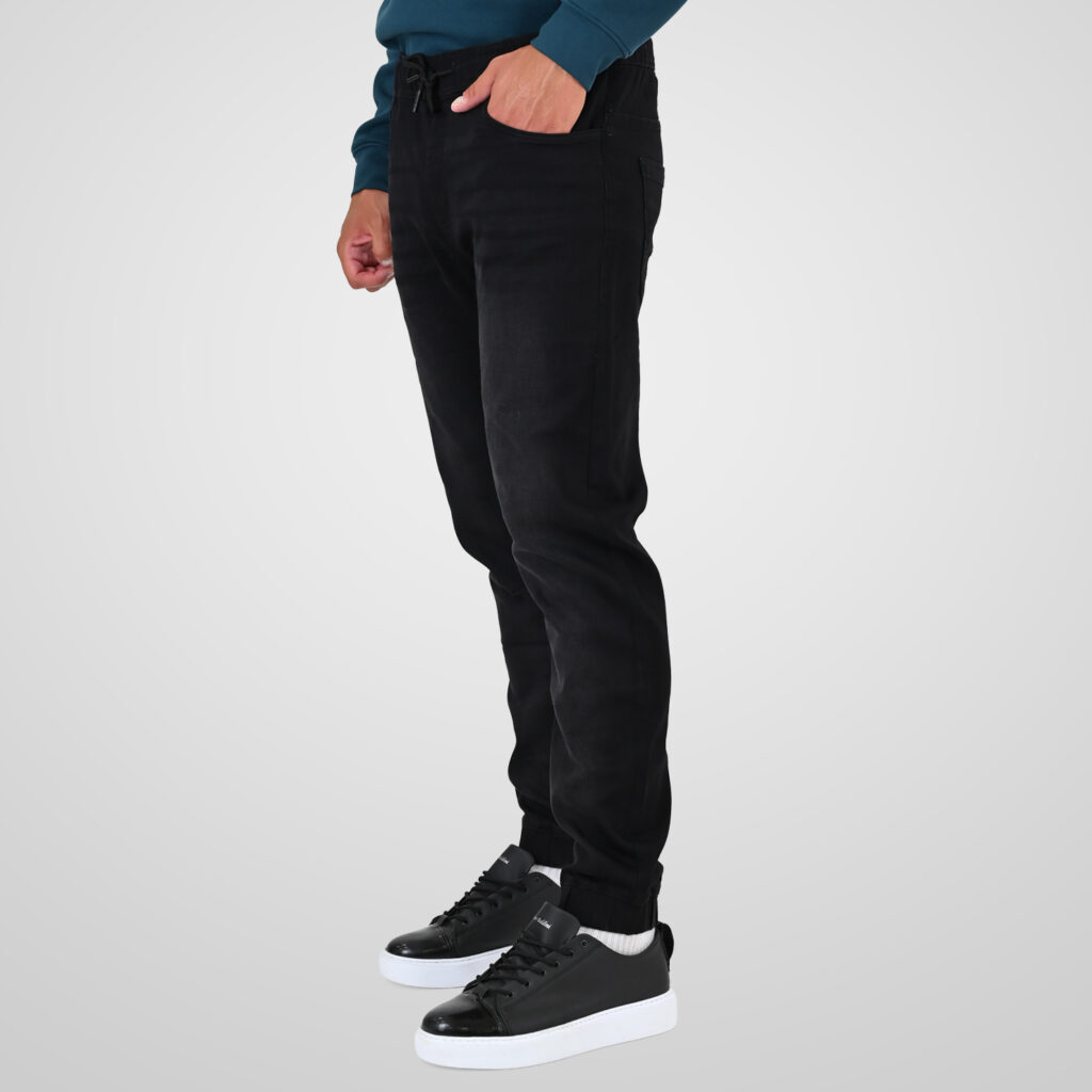 262FP-4133 PANTS WITH ELASTICATED WAIST AND HEM (SPECIAL KNITTED DENIM-LOOK FABRIC) OFF BLACK