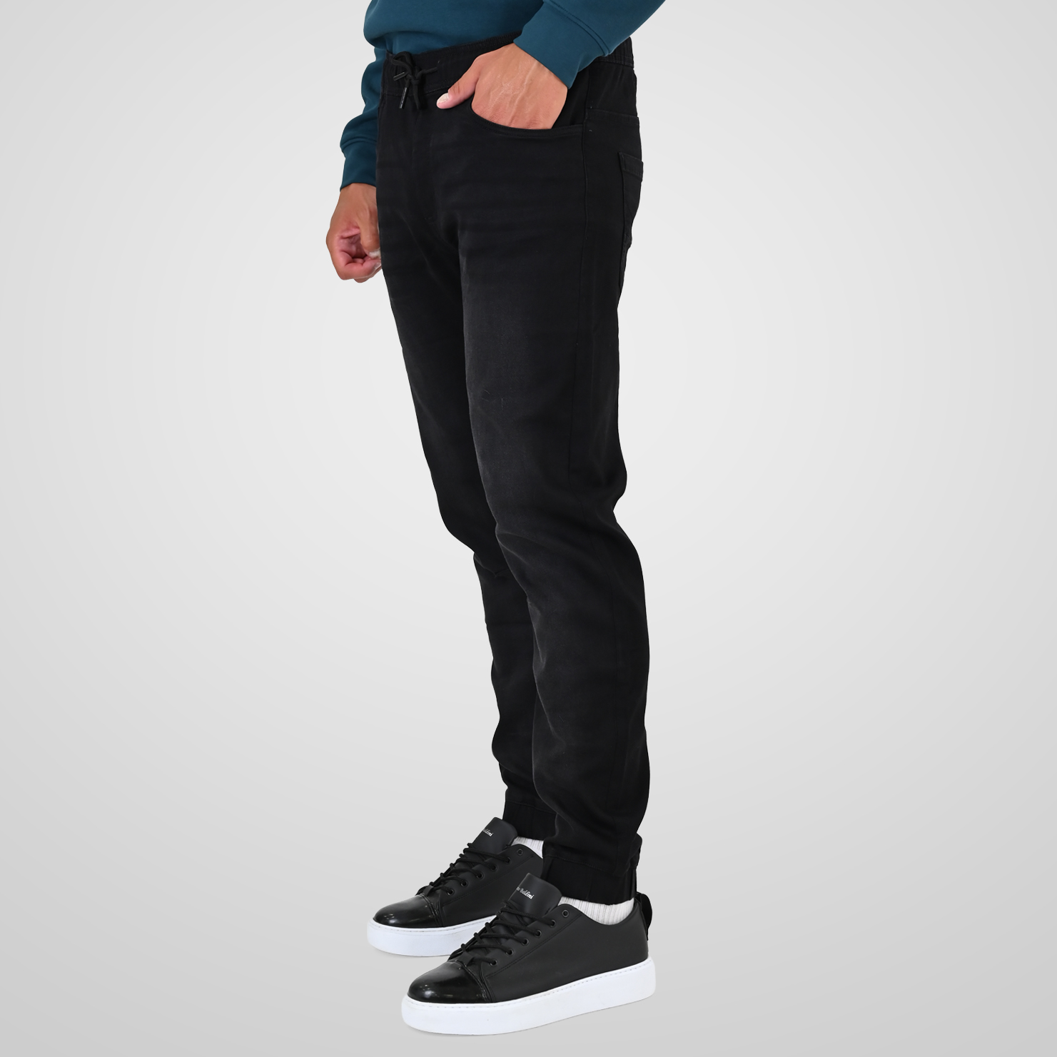 262FP-4133 PANTS WITH ELASTICATED WAIST AND HEM (SPECIAL KNITTED DENIM-LOOK FABRIC) OFF BLACK - Image 3