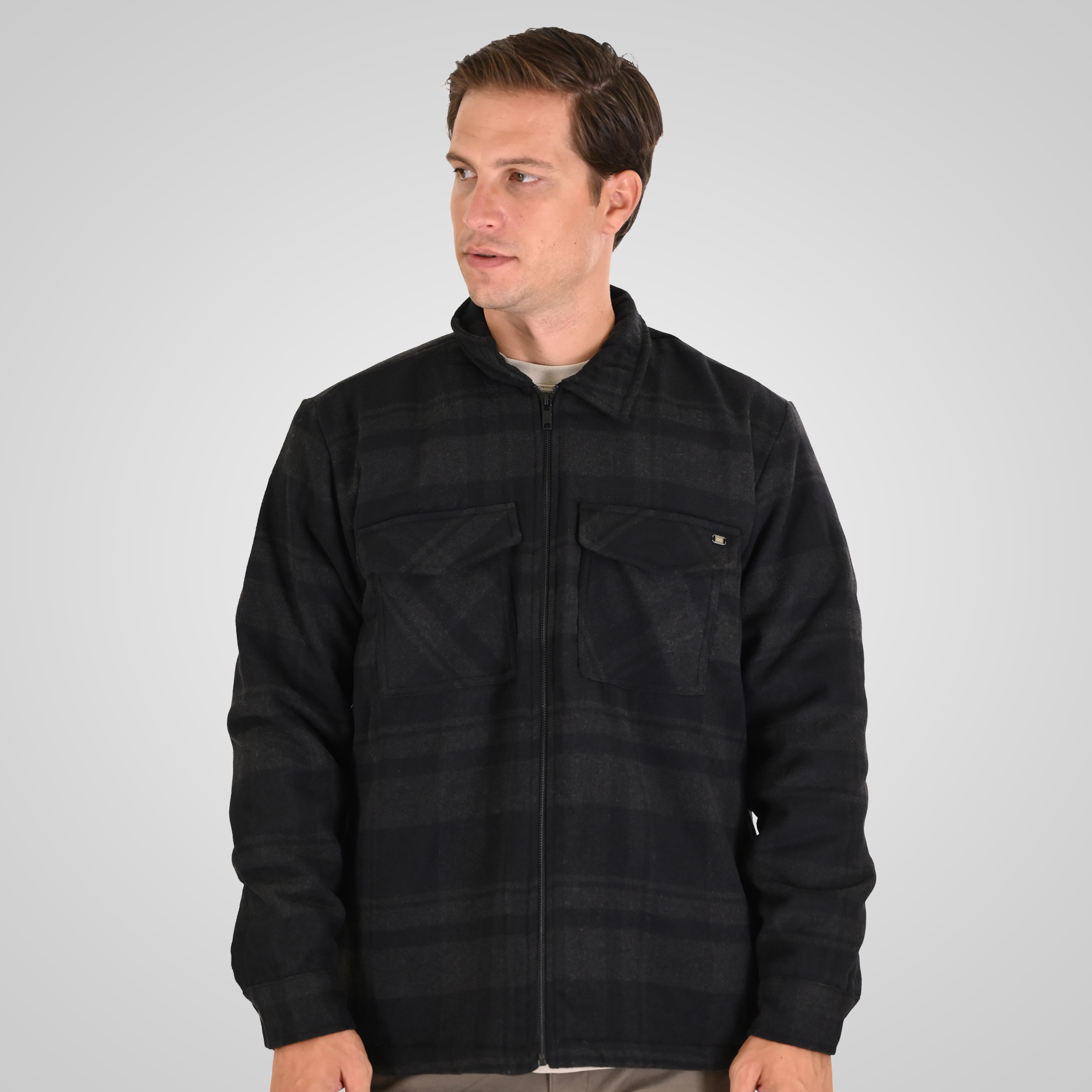262GS-5236 OVERSHIRTS WITH ZIPPER AND LIGHT PADDING (HEAVY FLANNEL) CC8 BLACK ANTHRACITE - Image 1