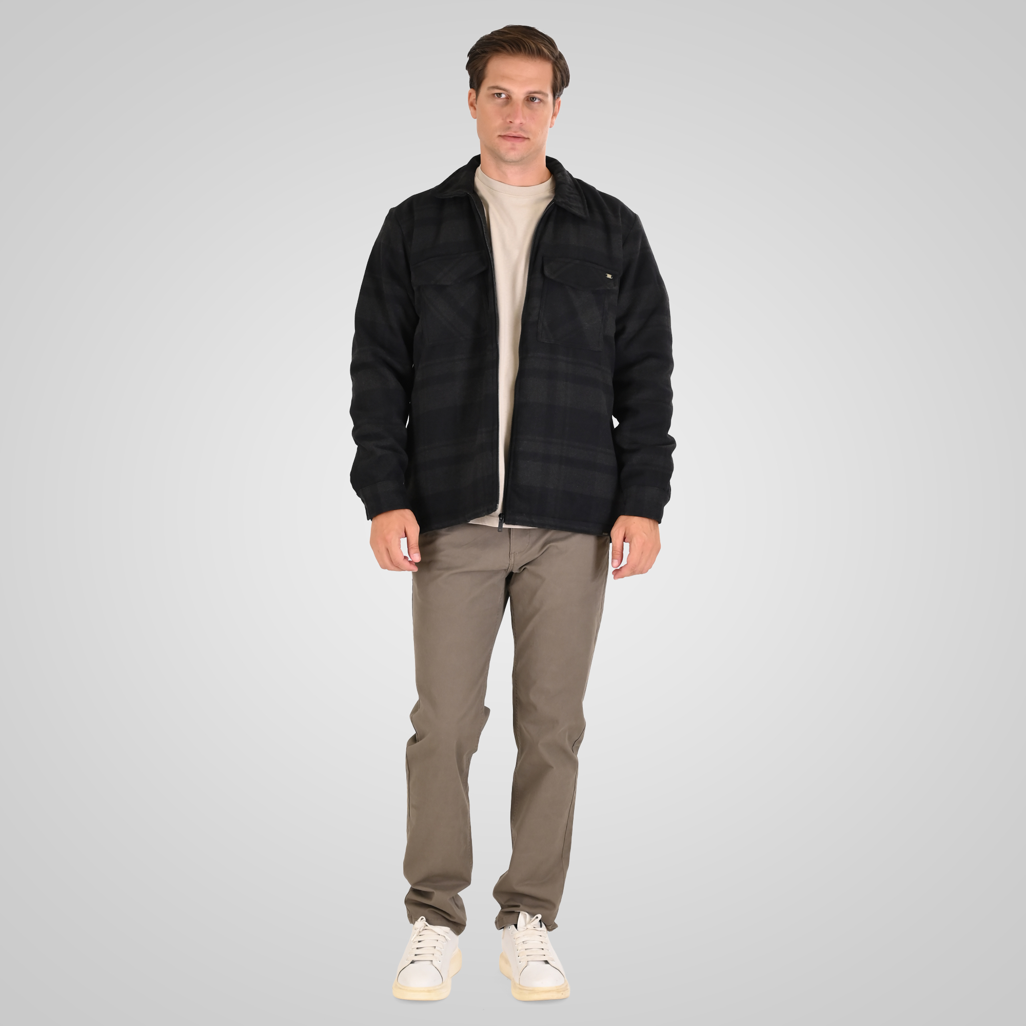 262GS-5236 OVERSHIRTS WITH ZIPPER AND LIGHT PADDING (HEAVY FLANNEL) CC8 BLACK ANTHRACITE - Image 2