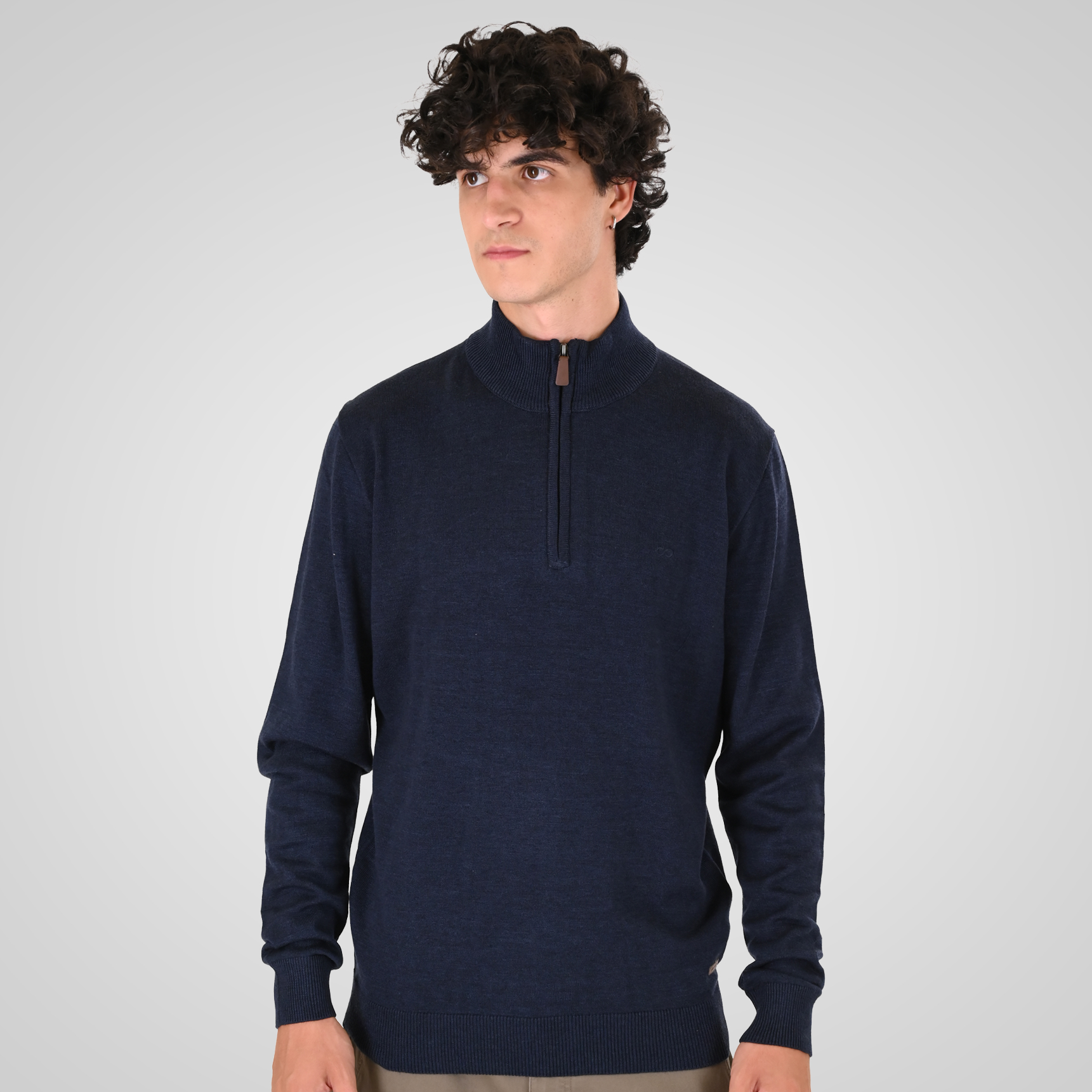 262KNIT-8071 KNITS HALF-ZIP WITH DENSE EMBROIDERY NAVY MELANGE - Image 1