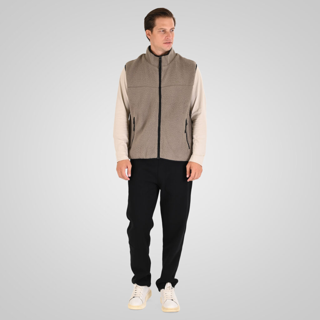262MFT-7086 SHERPA SLEEVELESS FULL ZIP WITH CHEST EMBROIDERY TAUPE