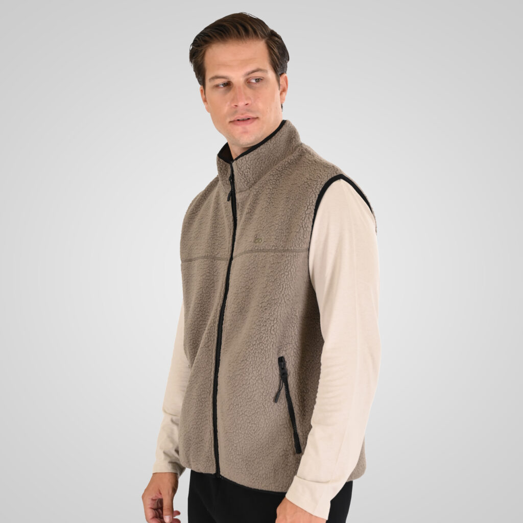 262MFT-7086 SHERPA SLEEVELESS FULL ZIP WITH CHEST EMBROIDERY TAUPE