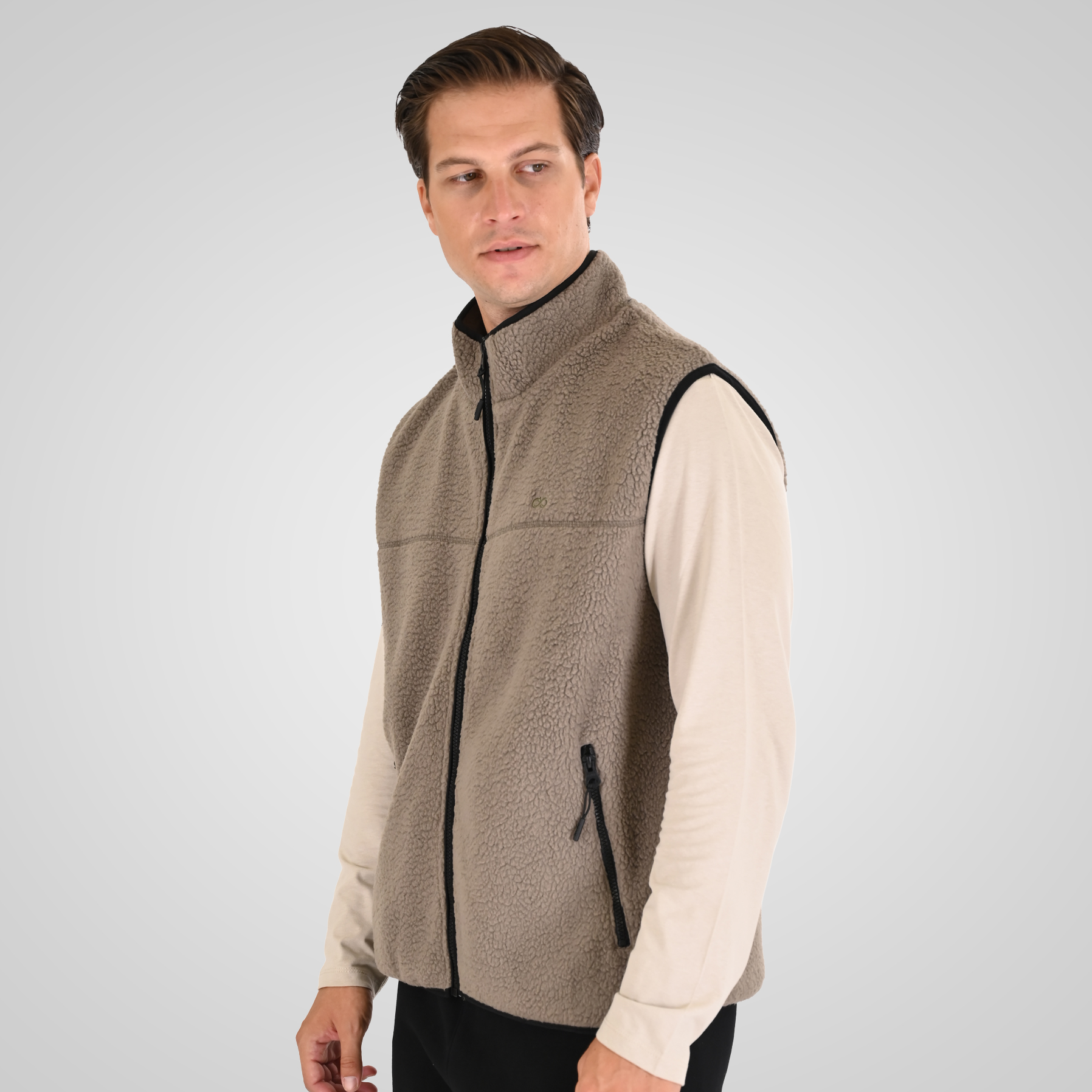 262MFT-7086 SHERPA SLEEVELESS FULL ZIP WITH CHEST EMBROIDERY TAUPE - Image 3