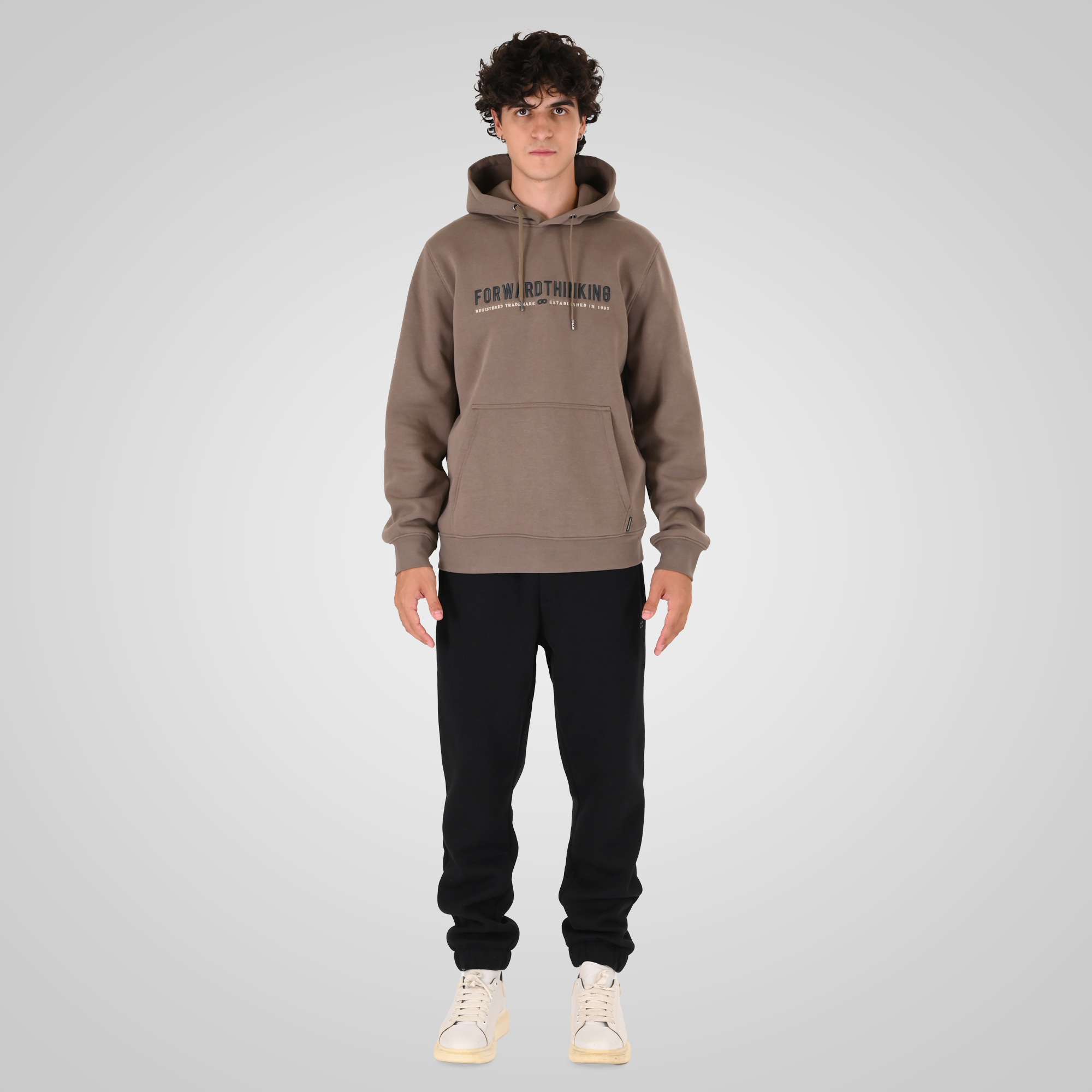 262MTOP-1144 HOODIE WITH 3D EMBROIDERY AND DENSE EMBROIDERY (BRUSHED FLEECE) TAUPE - Image 2