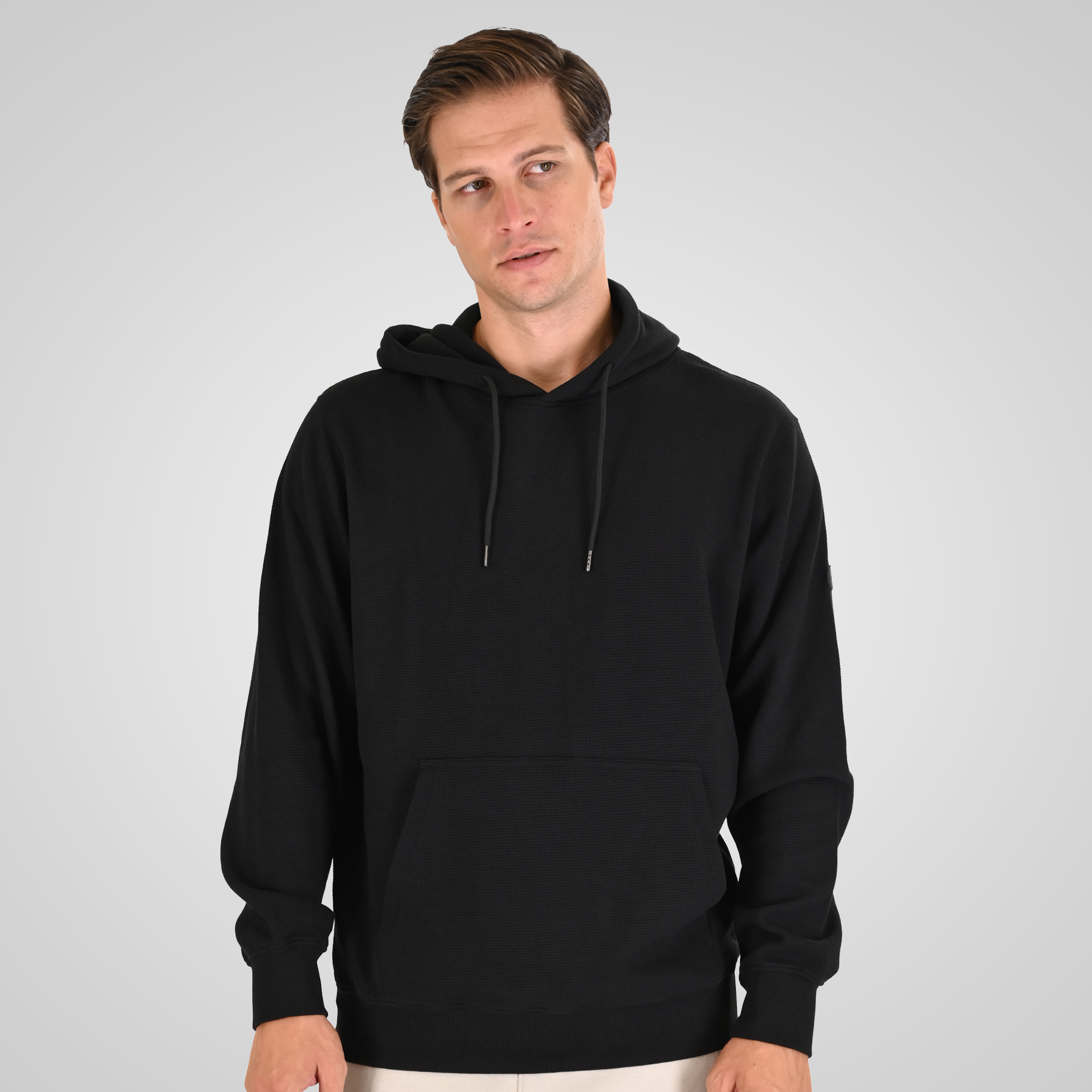 262MTOP-1154 HOODIE IN SPECIAL FABRIC (WAFFLE) BLACK - Image 1